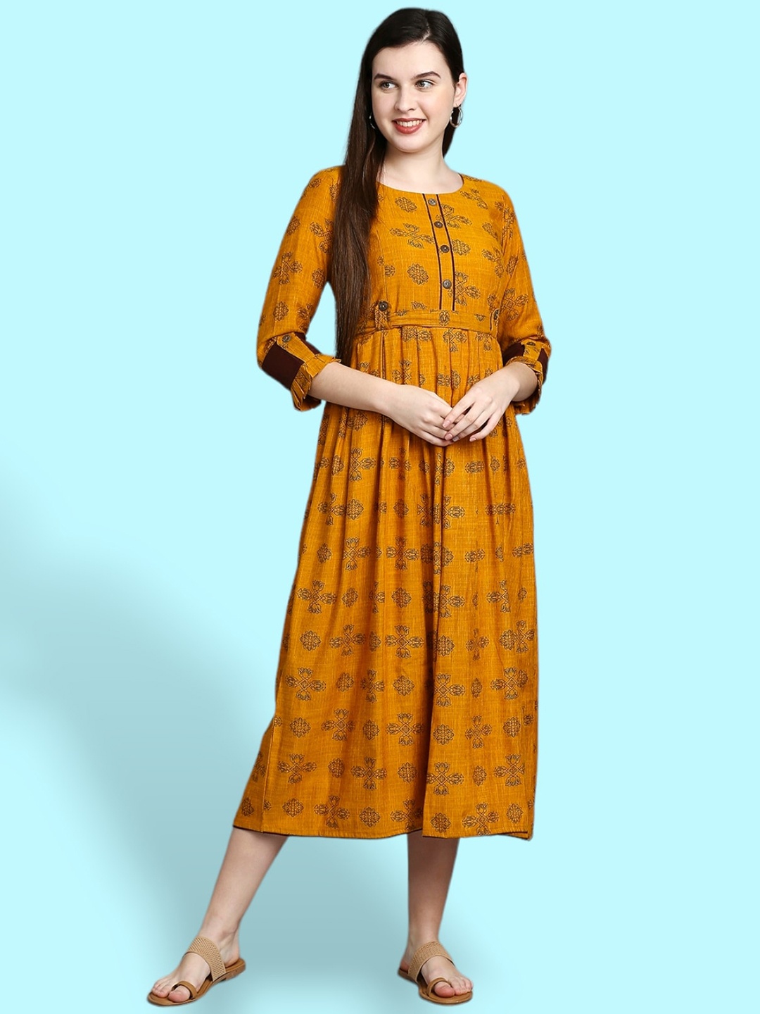 

True Shape Printed Maternity Anarkali Ethnic Dress with Nursing Zips, Mustard