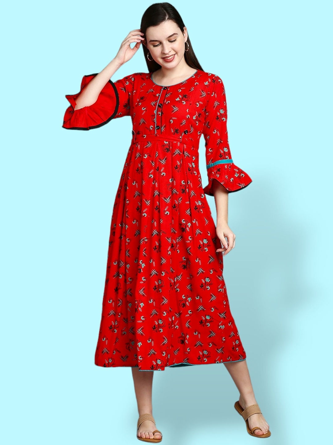 

True Shape Printed Maternity Anarkali Dress with Nursing Zips, Red