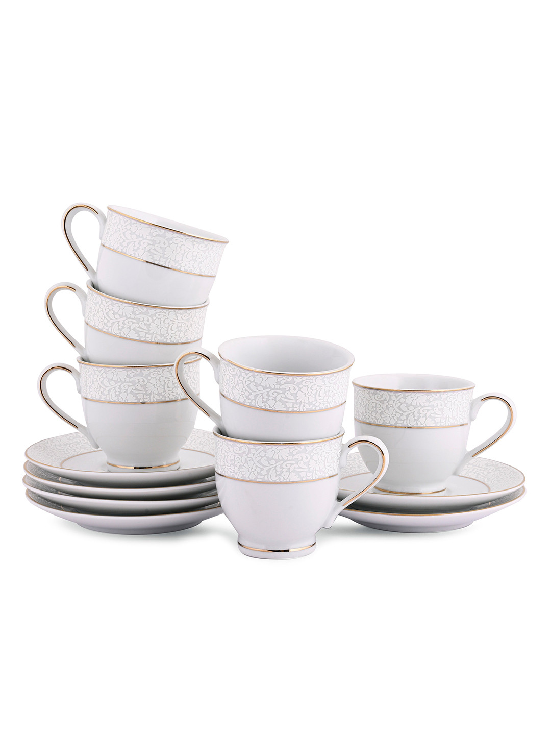 

Hitkari White & Gold Toned 12 Pieces Printed Porcelain Glossy Cup & Saucer - 350 ML Each