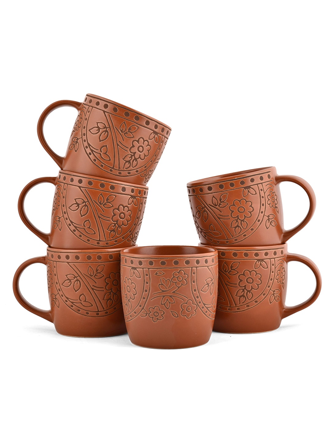 

Hitkari Coffee Brown 6 Pieces Printed Porcelain Matte Mugs-1.35 ml Each