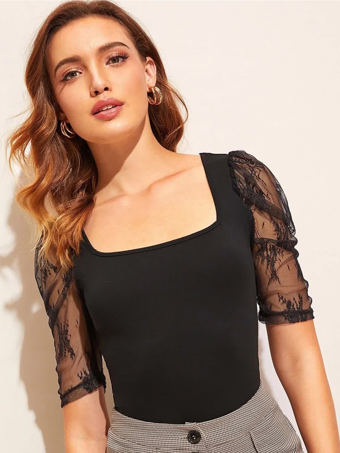 

BAESD Square Neck Crepe Fitted Top, Black