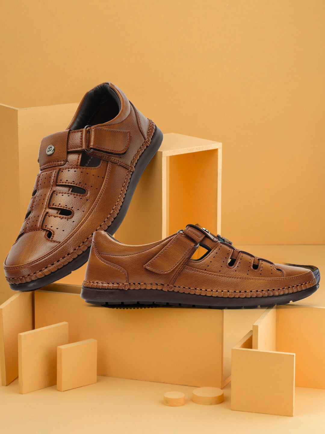 

Carlton London Men Perforations Shoe-Style Sandals With Velcro Closure, Tan
