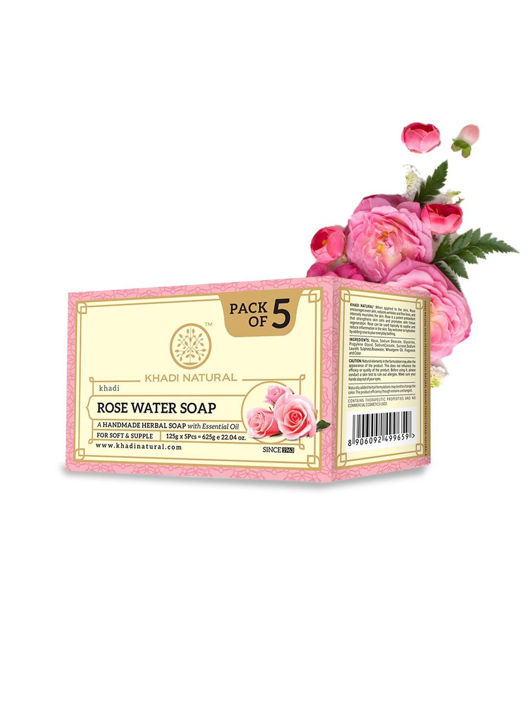 

Khadi Natural Set of 5 Rosewater Herbal Soap with Essential Oils - 125g each, Rose