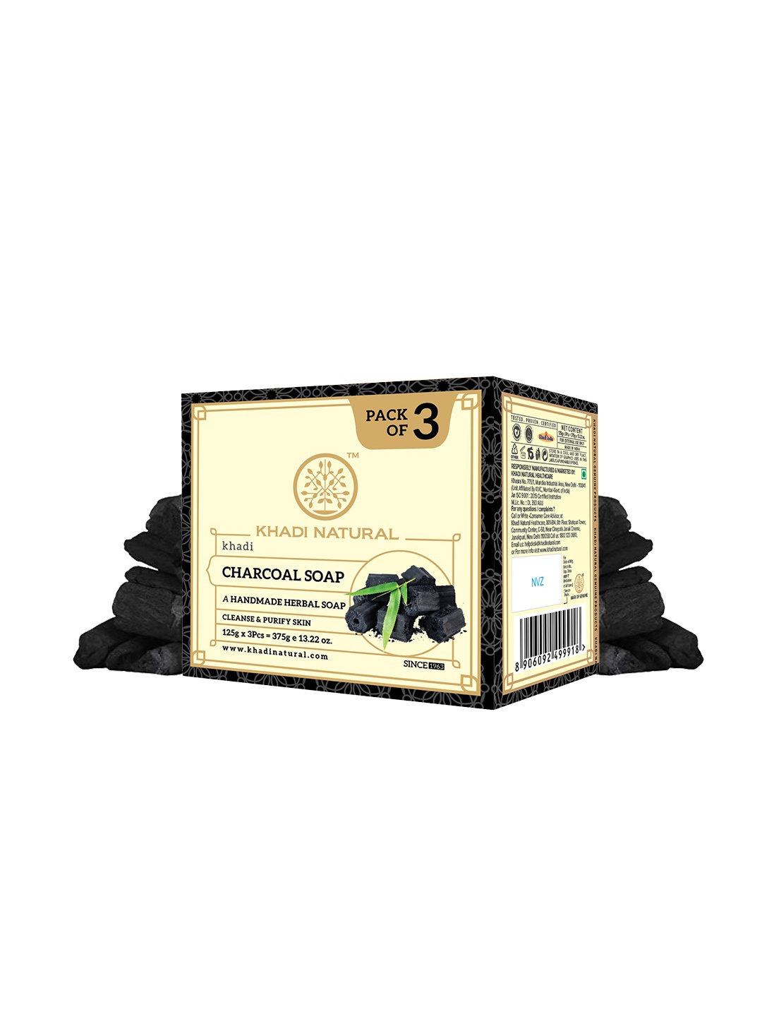 

Khadi Natural Set of 3 Charcoal Herbal Soap - Cleanses & Purifies Skin - 125g each