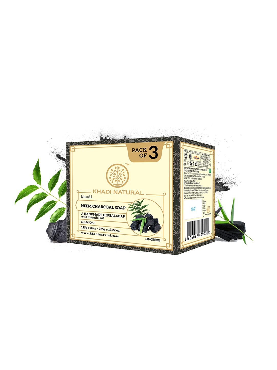 

Khadi Natural Set of 3 Neem Charcoal Herbal Soap with Essential Oils - 125g each, Black