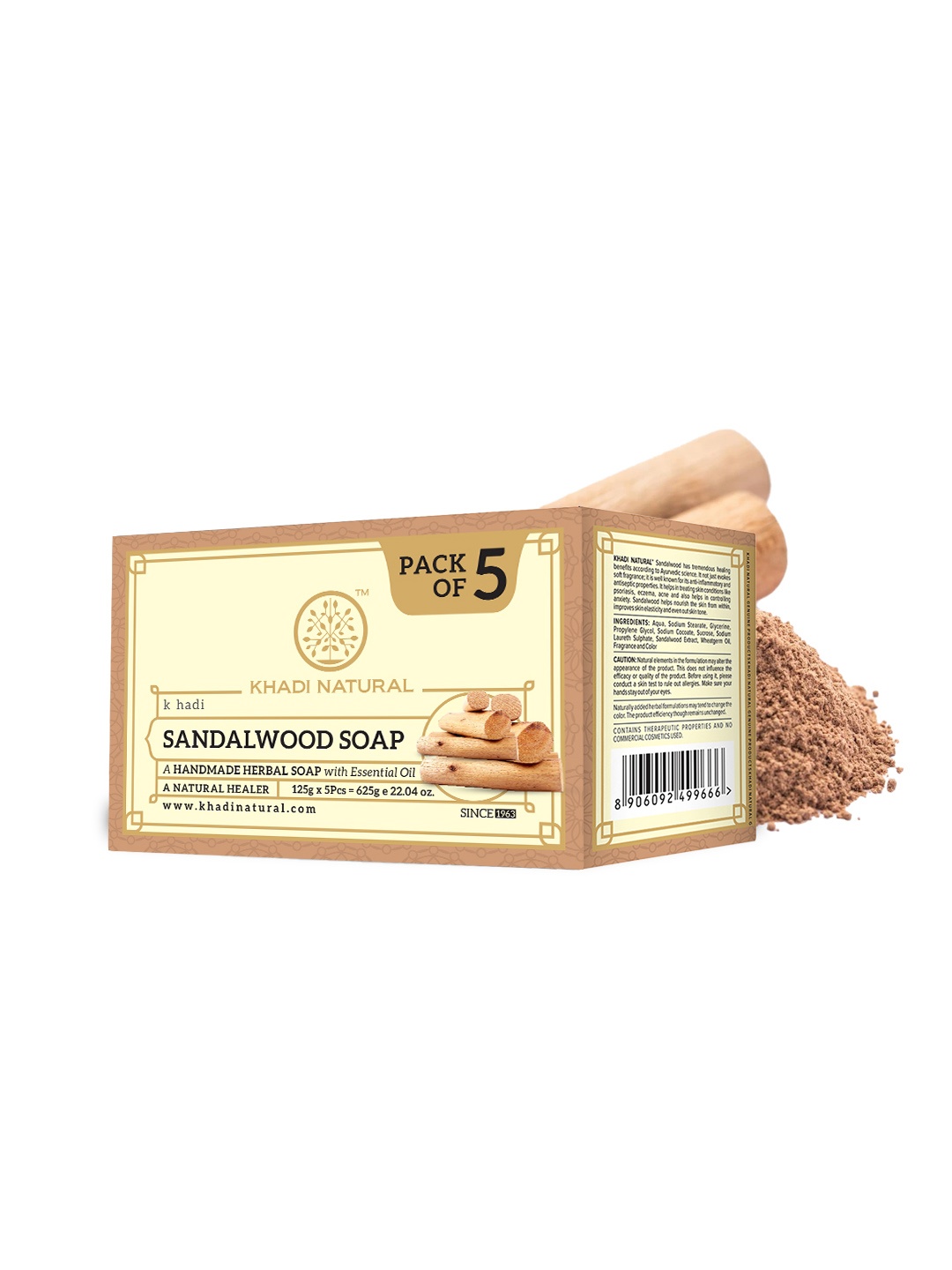 

Khadi Natural Set of 5 Sandalwood Herbal Soap with Essential Oils - 125g each, Beige