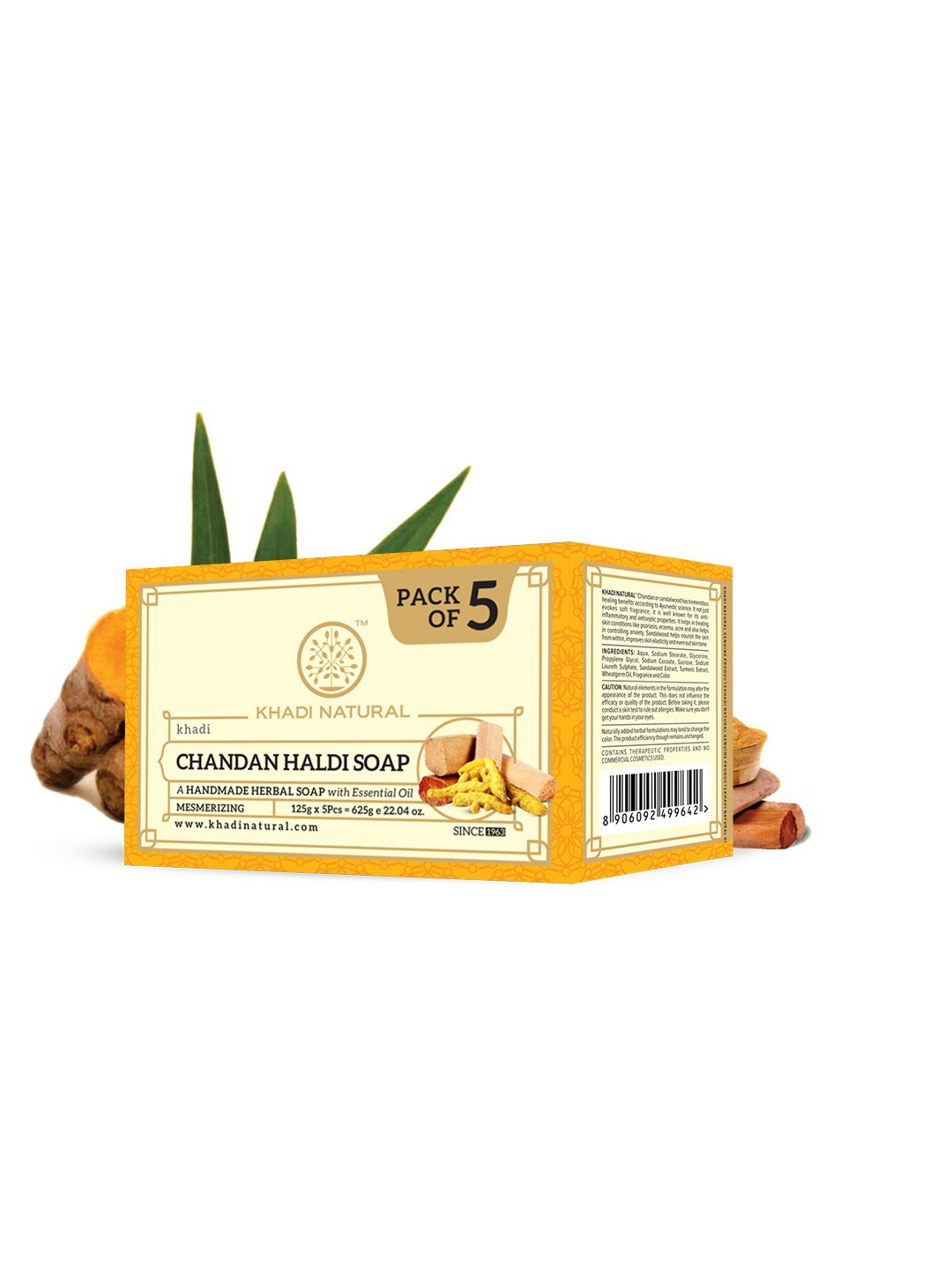 

Khadi Natural Set of 5 Chandan Haldi Herbal Soap with Essential Oils - 125g each, Yellow