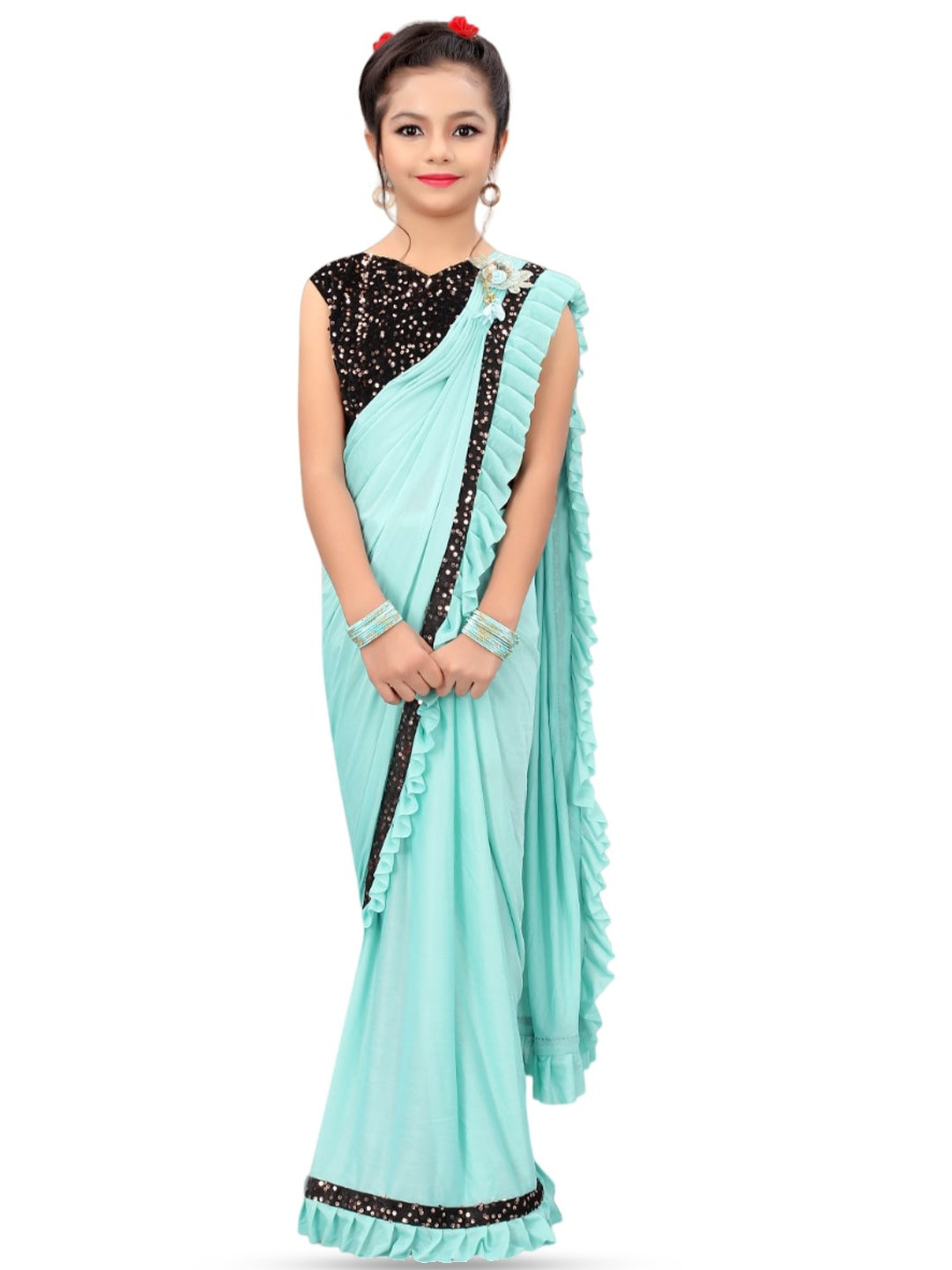 

Dhyey Fashion Girls Sequinned Ready to Wear Saree, Turquoise blue