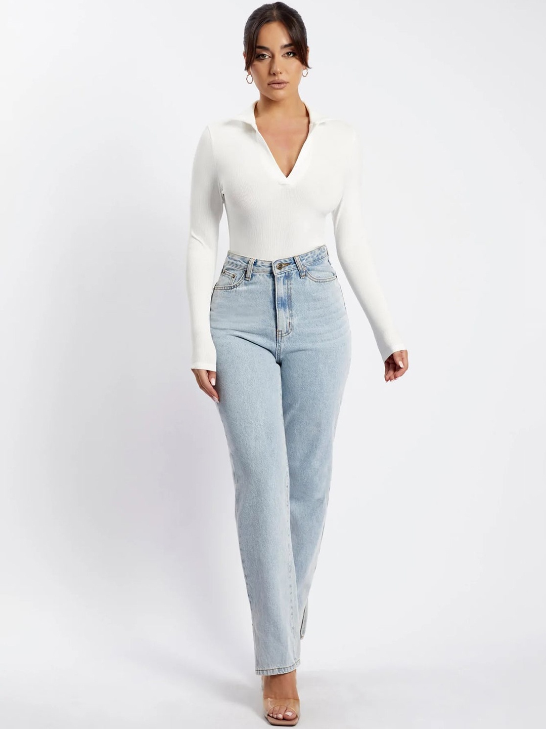 

Outcast Ribbed Shirt Collar Long Sleeve Collar Bodysuit, White