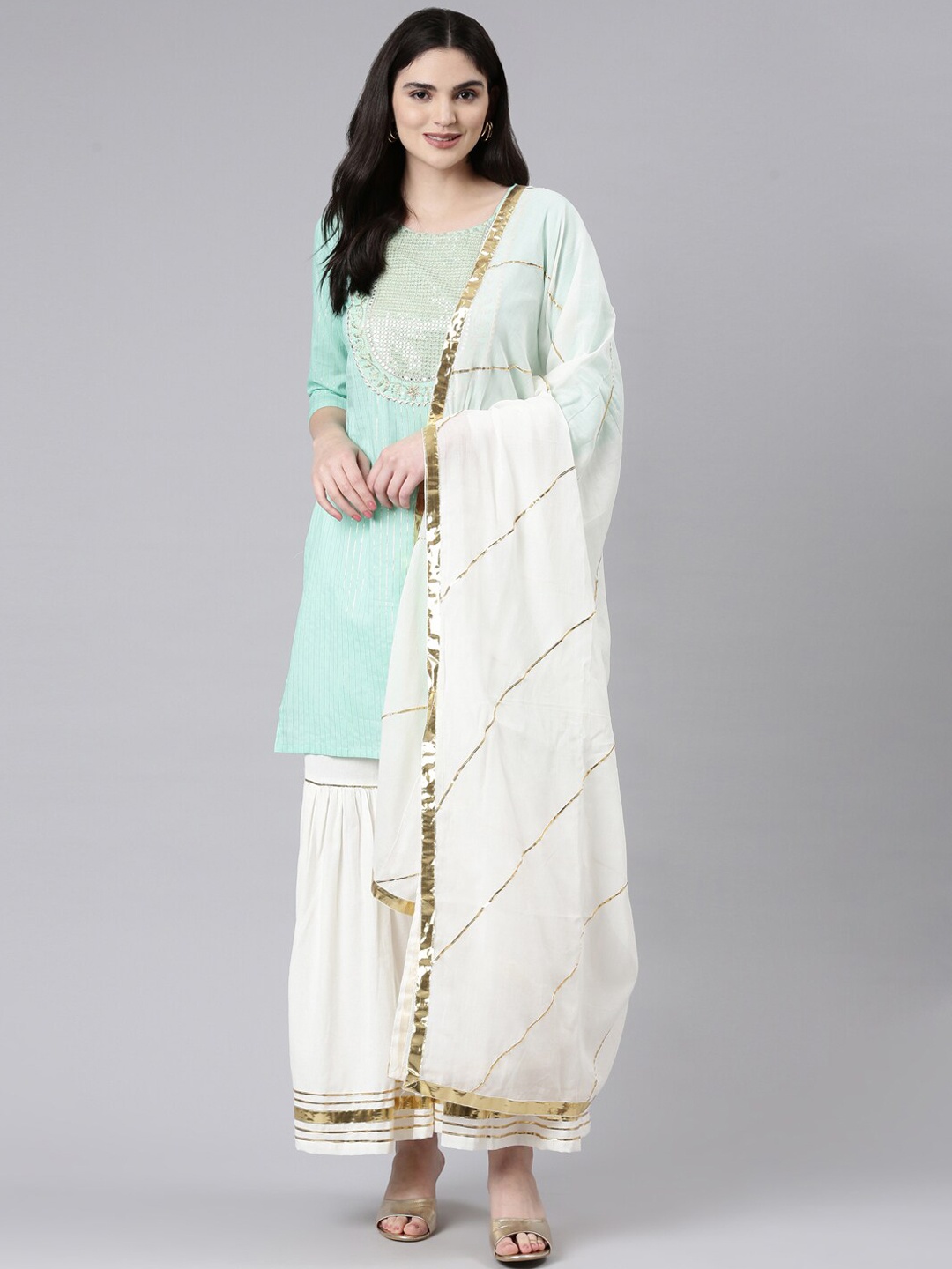 

KALINI Striped Printed Sequinned Detail Straight Kurta & Sharara With Dupatta, Sea green