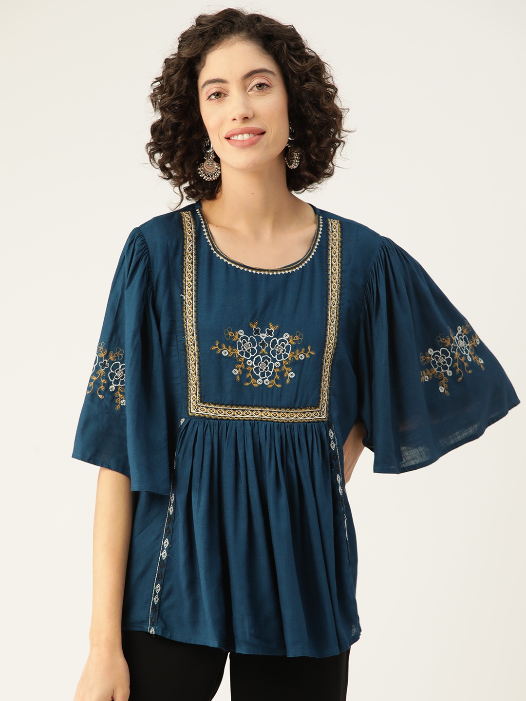 

MISRI Floral Embroidered Flared Sleeve Top, Navy blue