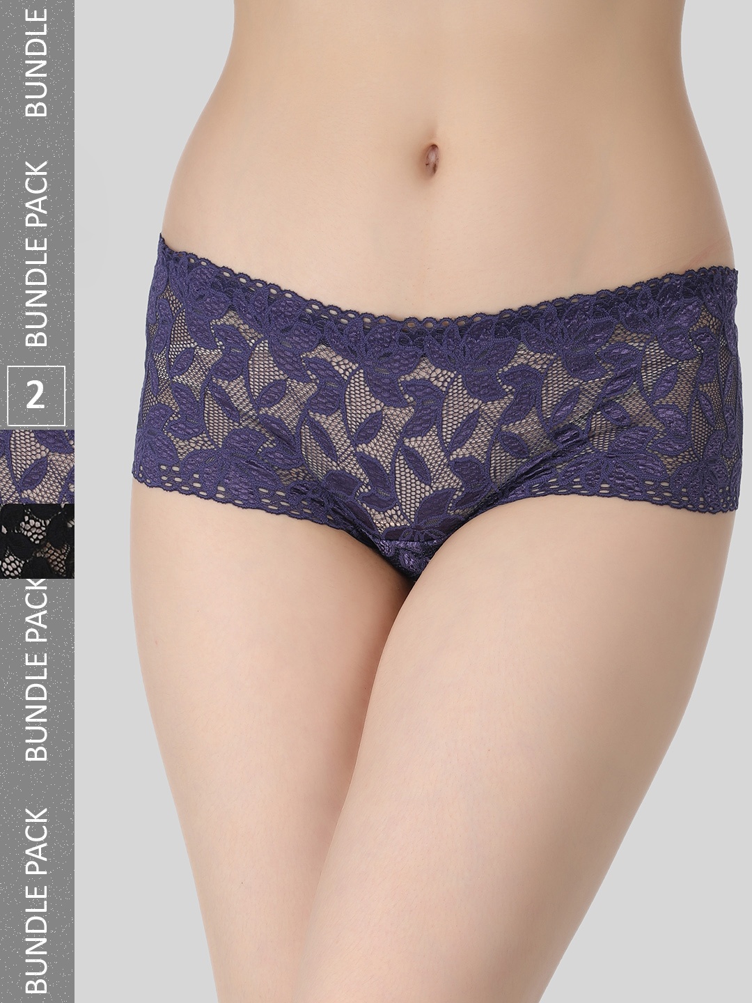 

SELFCARE Pack of 2 Pure Soft Net Nylon Mid Rise Boyshort Panties SN2114N, Navy blue