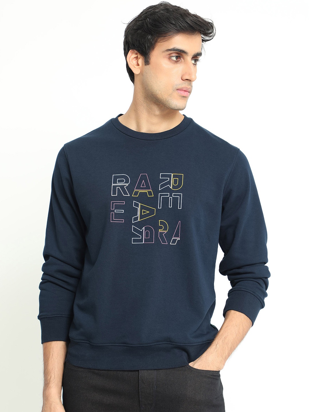 RARE RABBIT Men Manor Typography Printed Sweatshirt, Navy blue