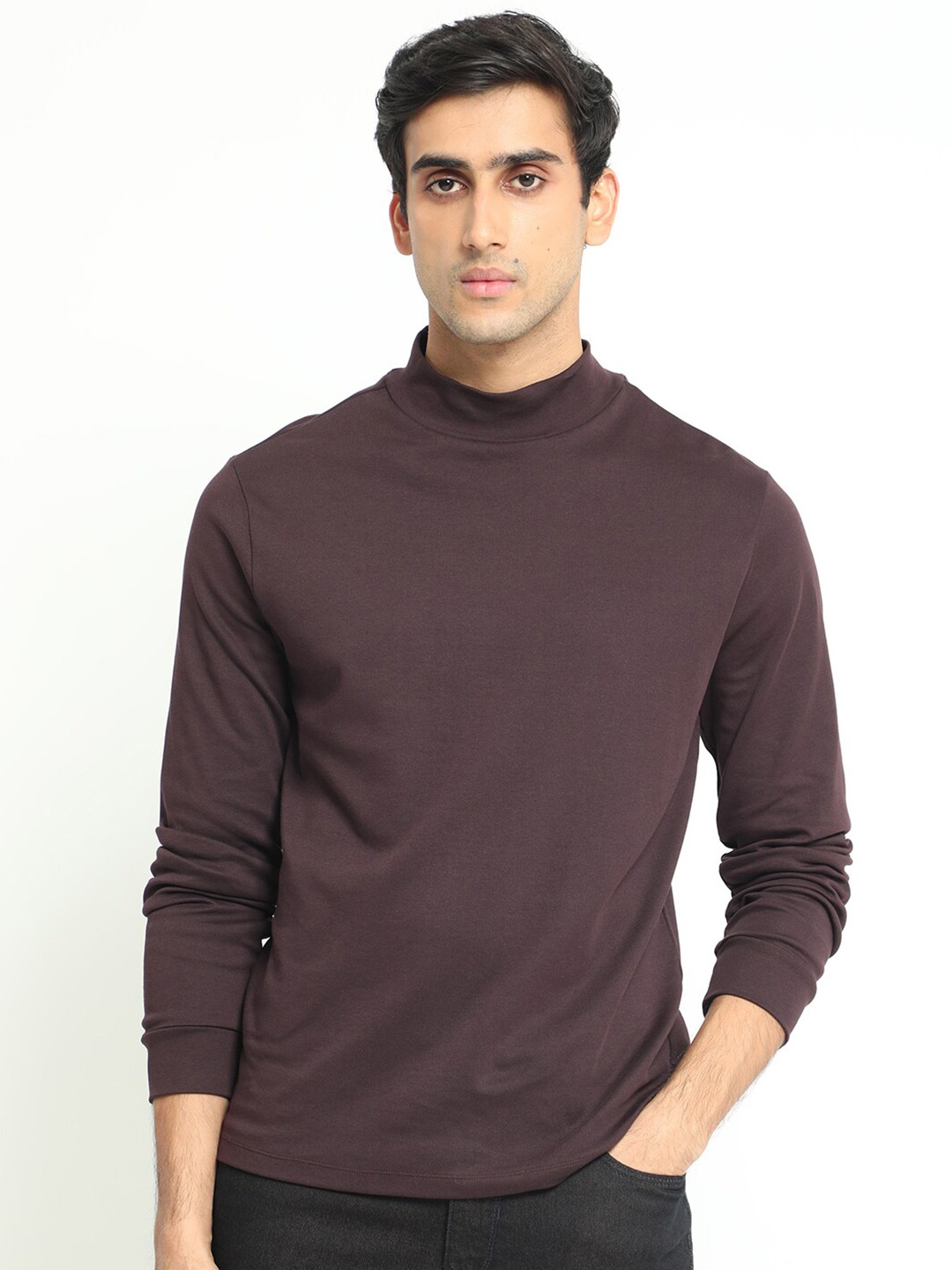 

RARE RABBIT Men Mania Mock Collar Sweatshirt, Coffee brown