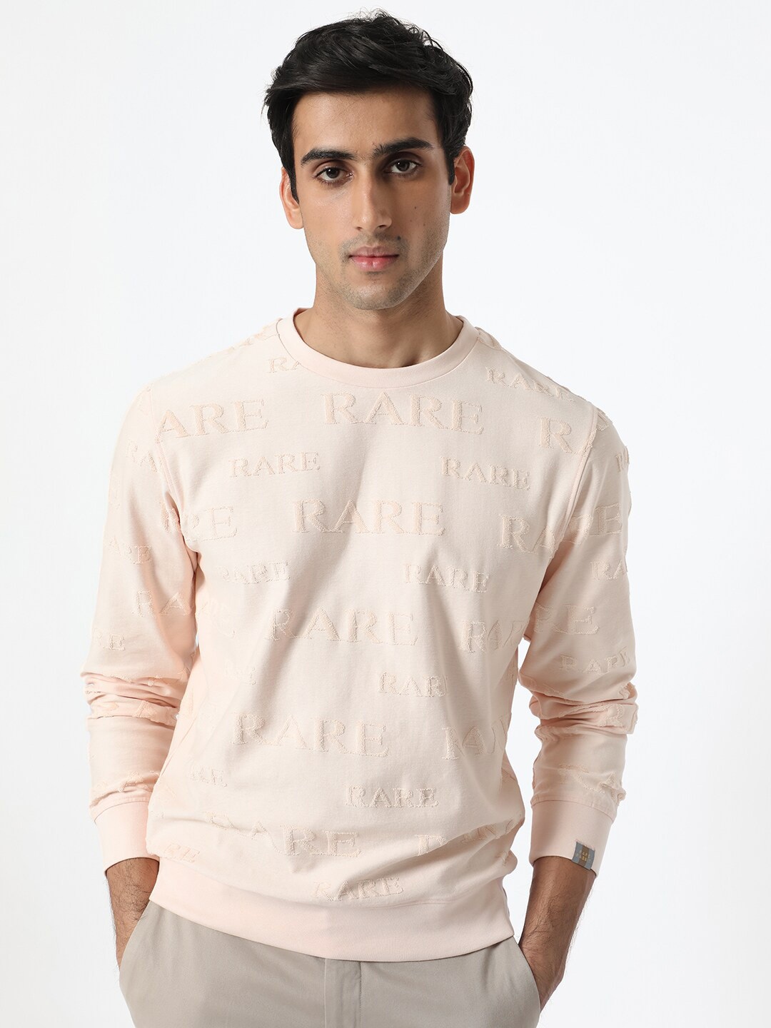 

RARE RABBIT Men Malaga Brand Logo Printed Sweatshirt, Peach