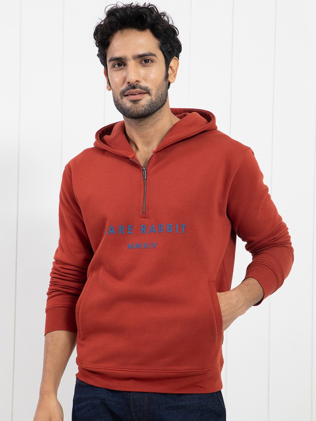 

RARE RABBIT Men Lorall Typography Printed Hooded Sweatshirt, Brown