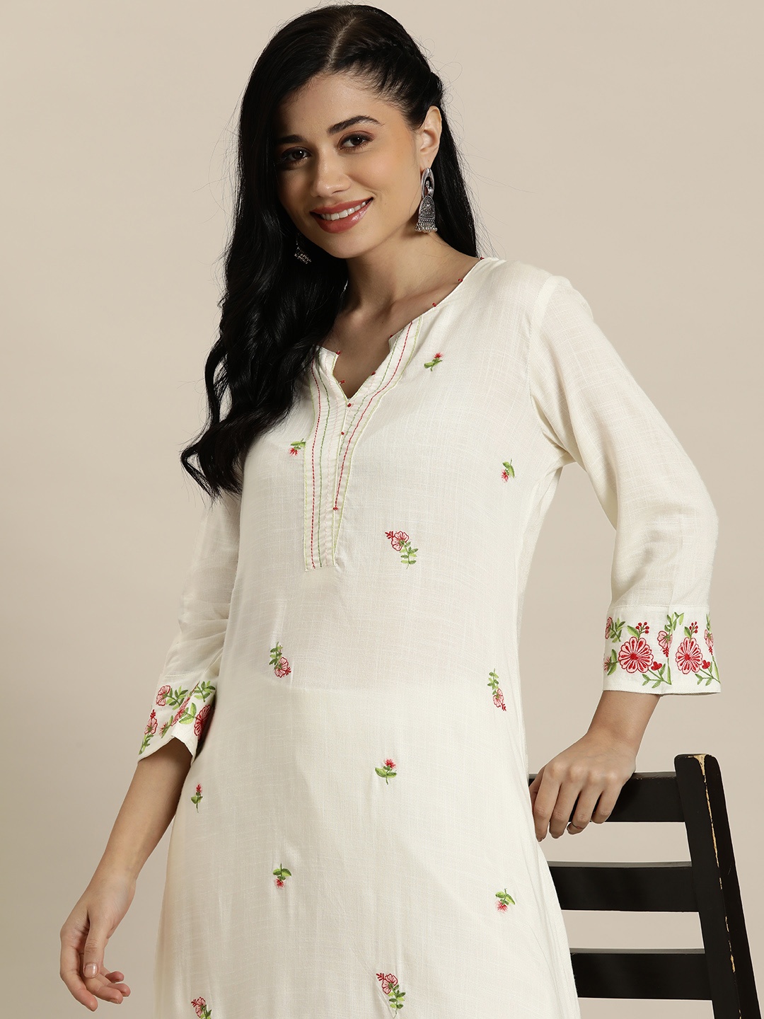 

HERE&NOW Women Floral Embroidered Kantha Work Kurta, Green