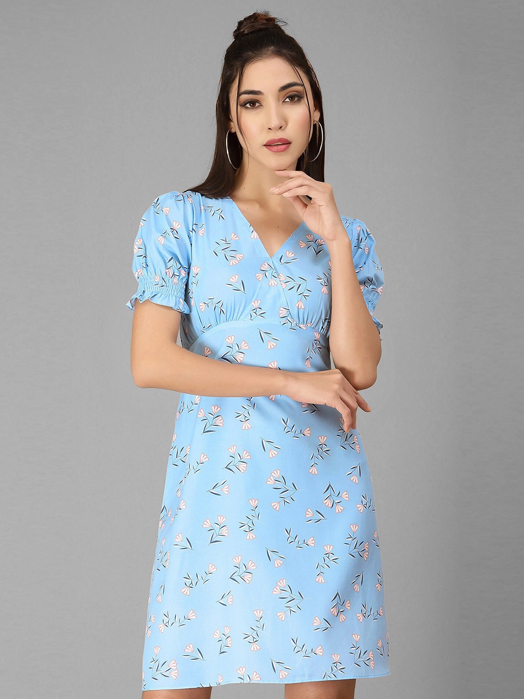 

Selvia Floral Printed V-Neck Puff Sleeves Crepe Empire Dress, Turquoise blue