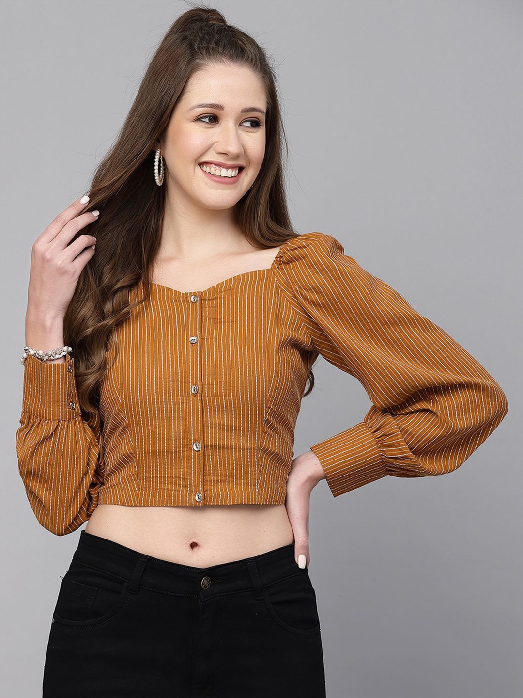 

Selvia Striped Cuffed Sleeves Shirt Style Crop Top, Brown
