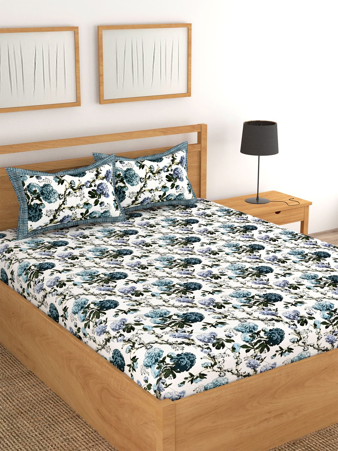 

Lali Prints White & Blue Printed Cotton 250 TC King Bedsheet with 2 Pillow Covers