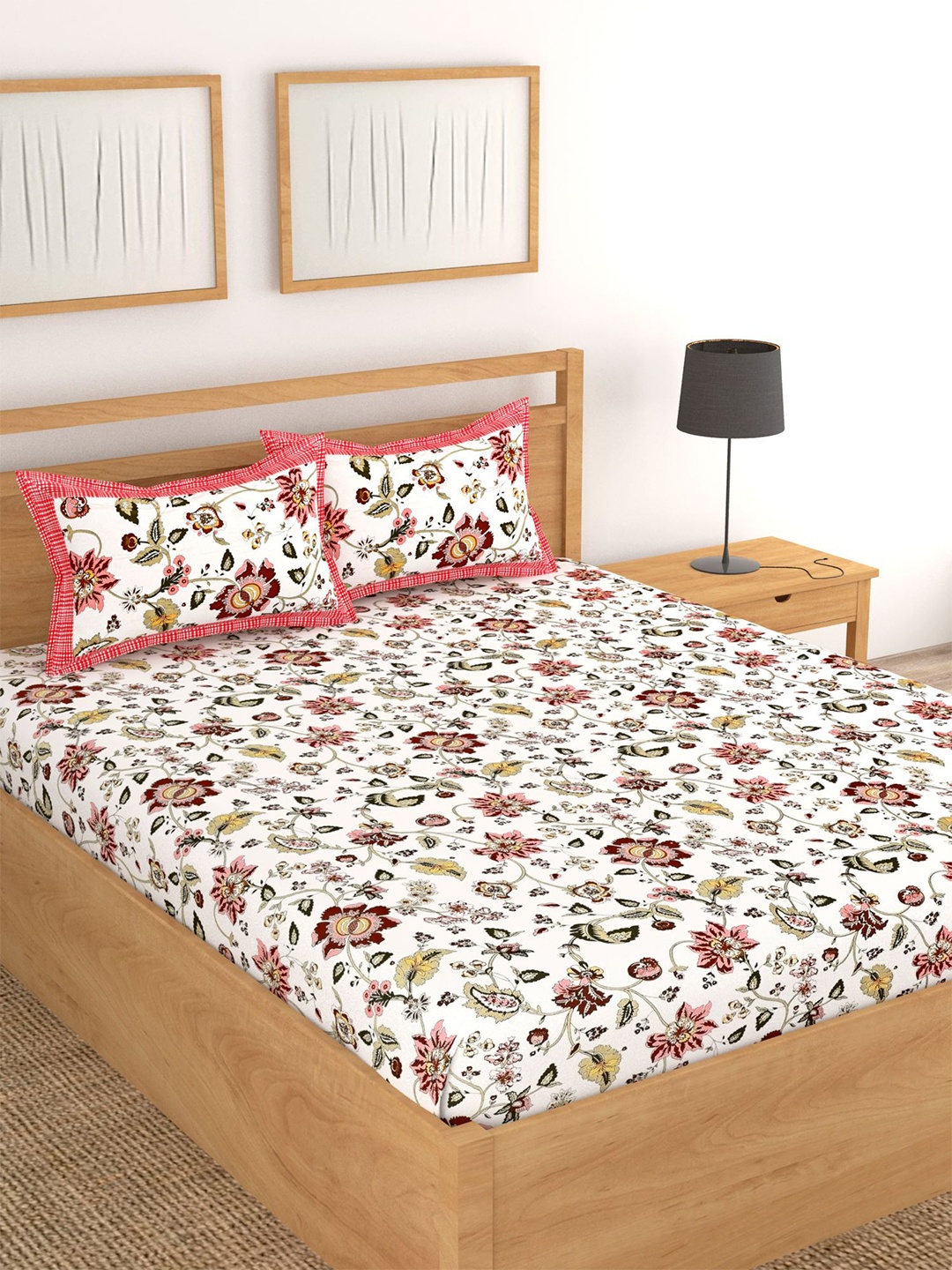 

Lali Prints White & Pink Printed Cotton 250 TC King Bedsheet with 2 Pillow Covers