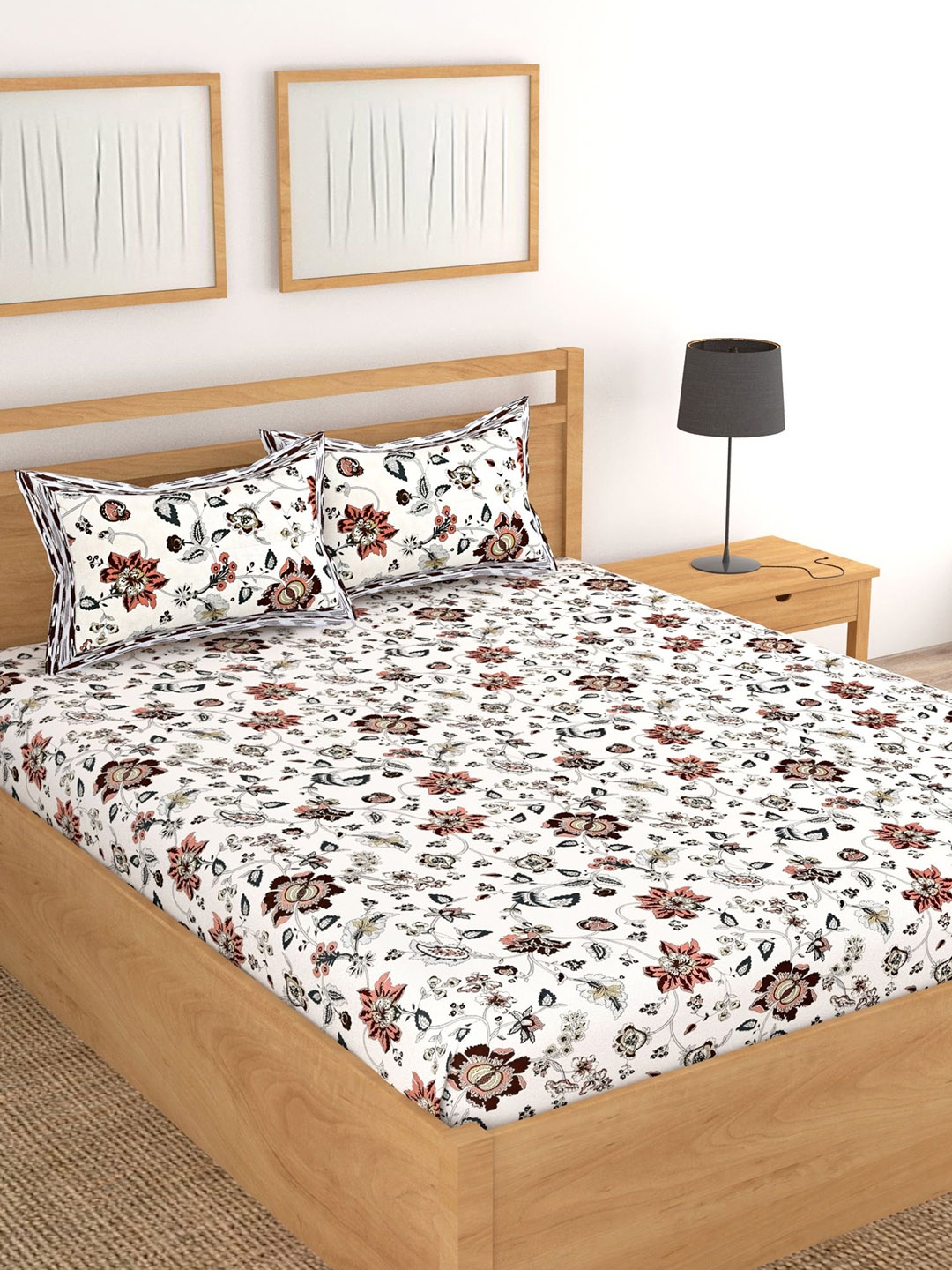 

Lali Prints White & Brown Floral Cotton 250 TC King Bedsheet With 2 Pillow Covers