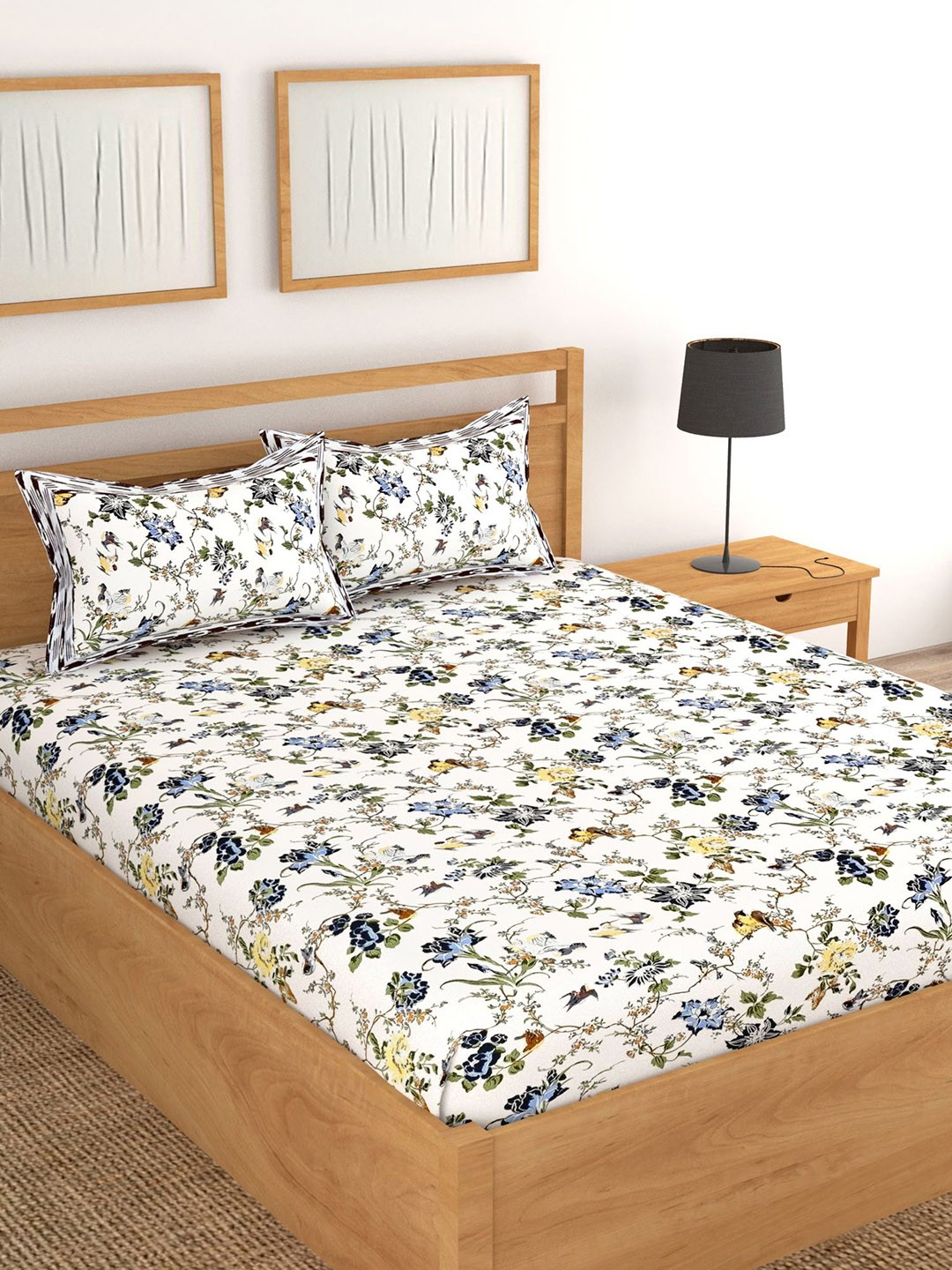 

Lali Prints Grey & Yellow Printed Cotton 250 TC King Bedsheet with 2 Pillow Covers