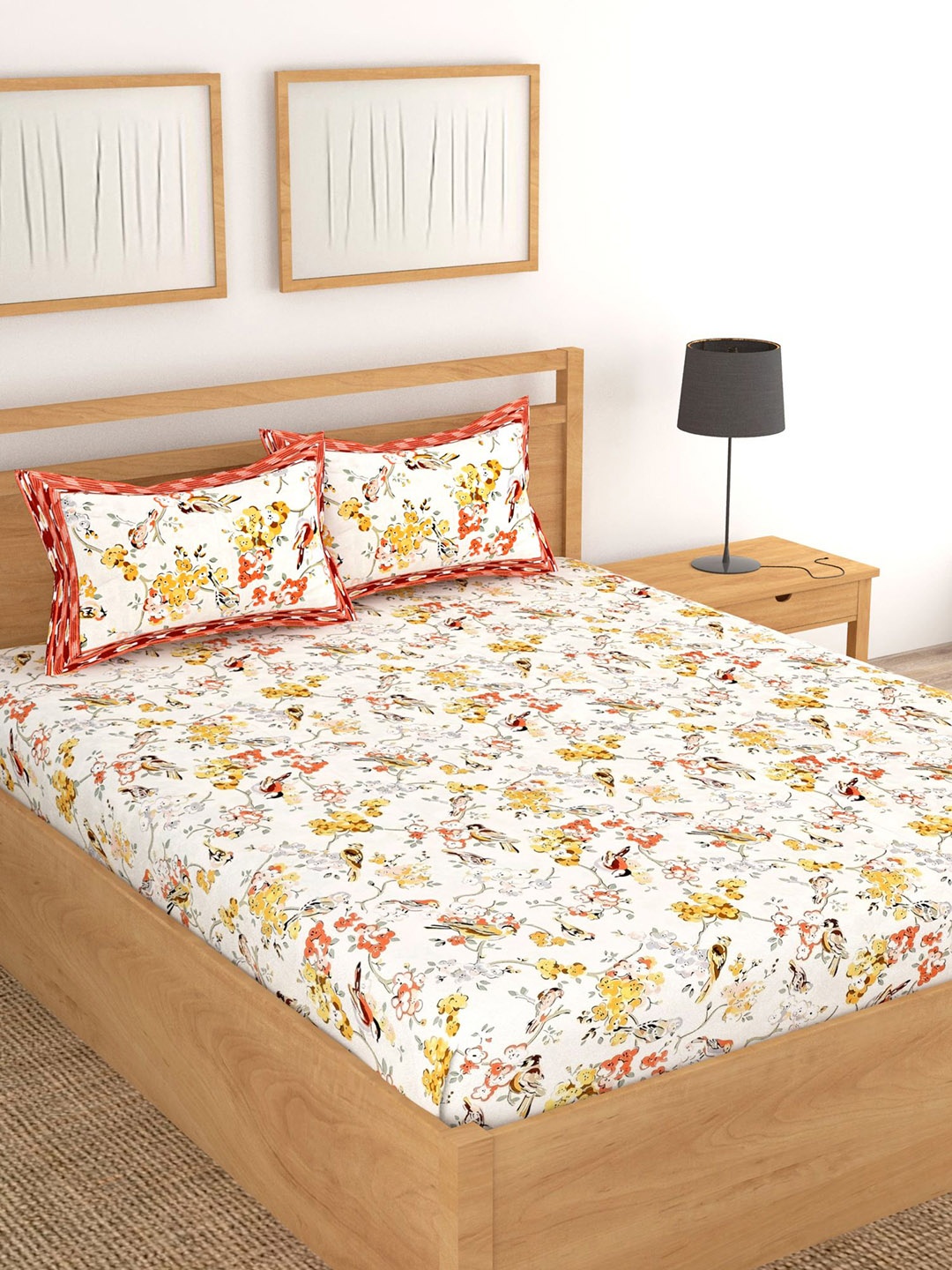 

Lali Prints White & Yellow Floral Cotton 250 TC King Bedsheet With 2 Pillow Covers