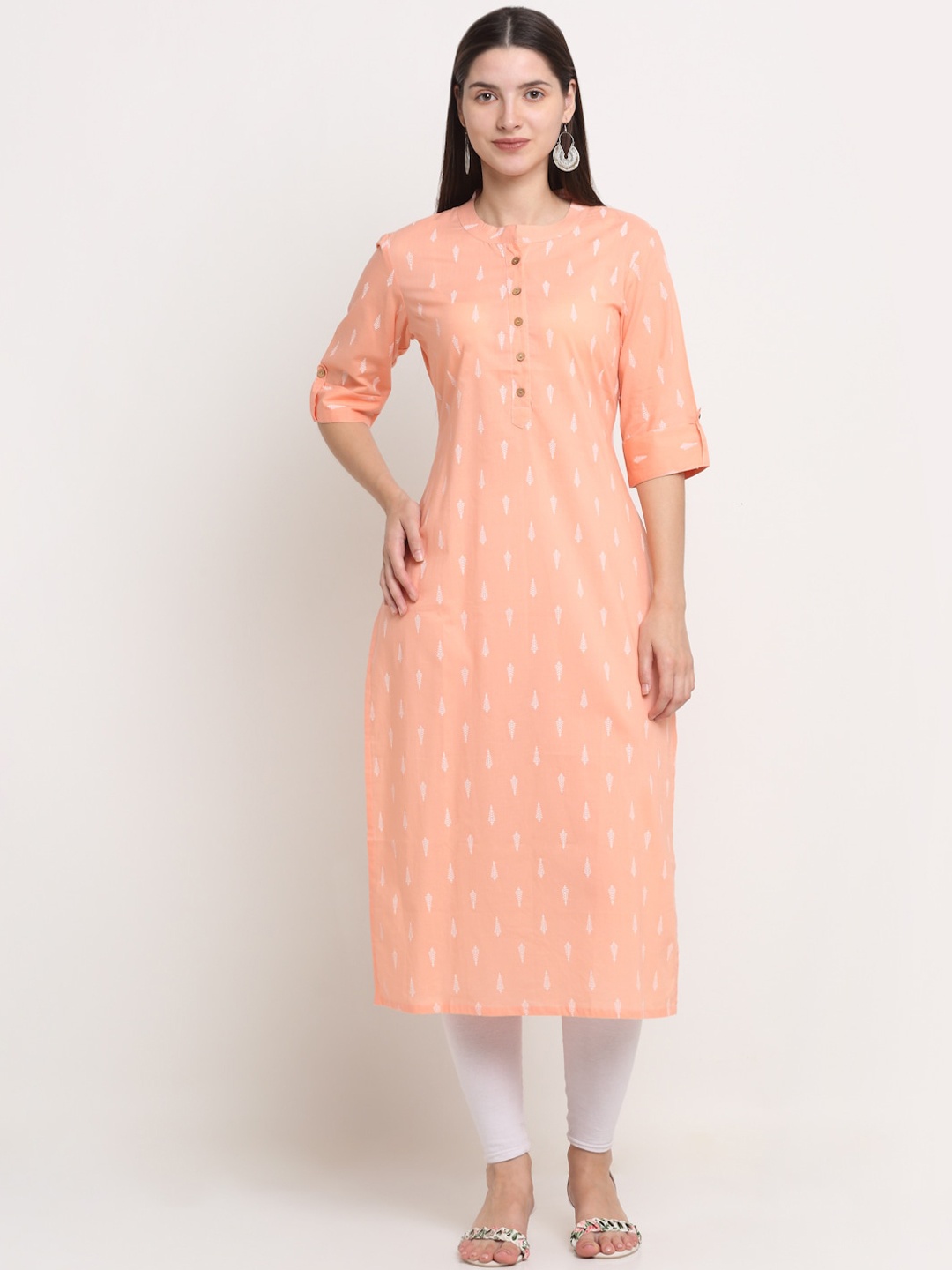 

KALINI Women Band Collar Ethnic Motifs Printed Straight Kurta, Peach