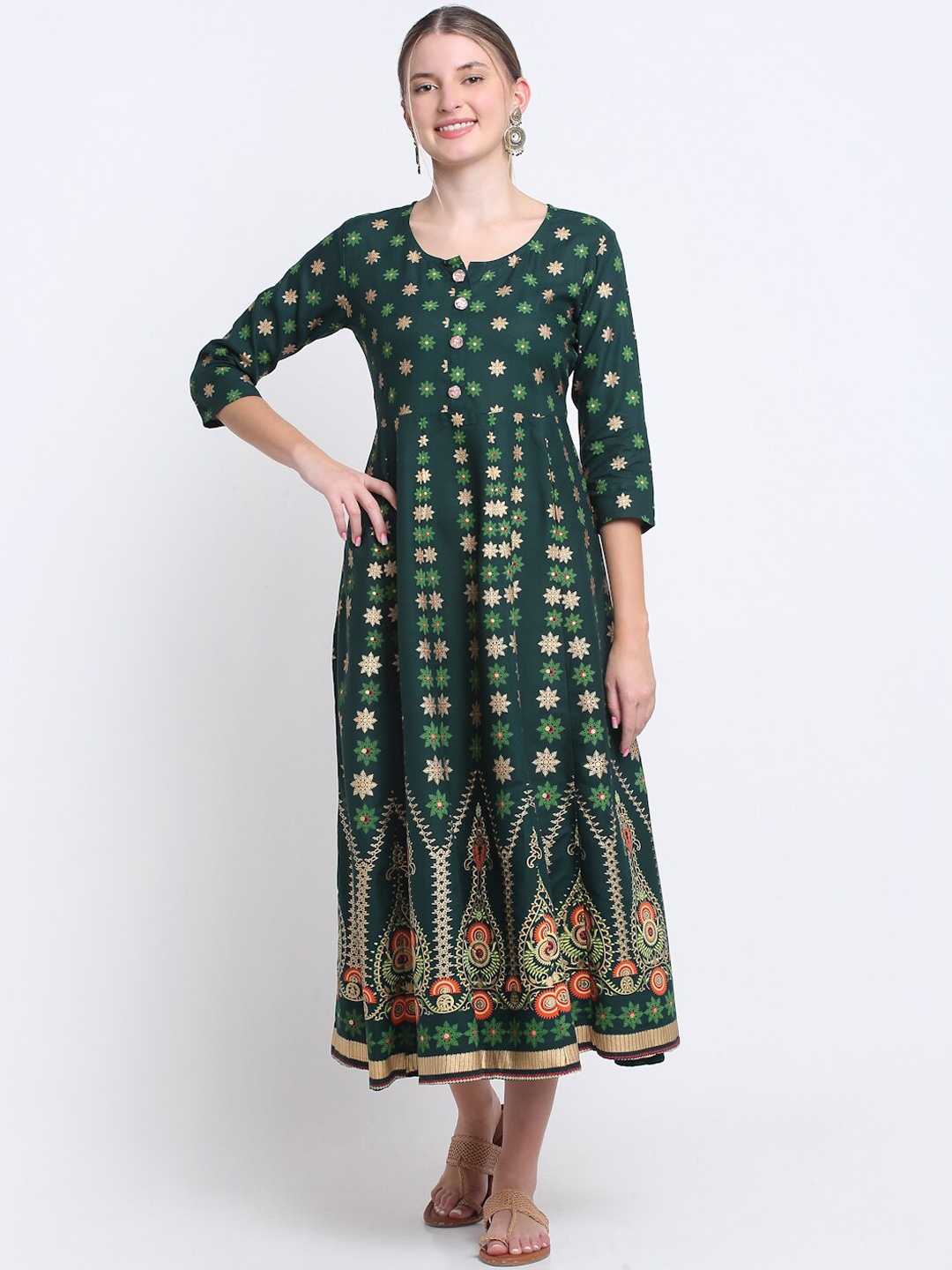 

KALINI Floral Printed Panelled A-Line Kurta, Green