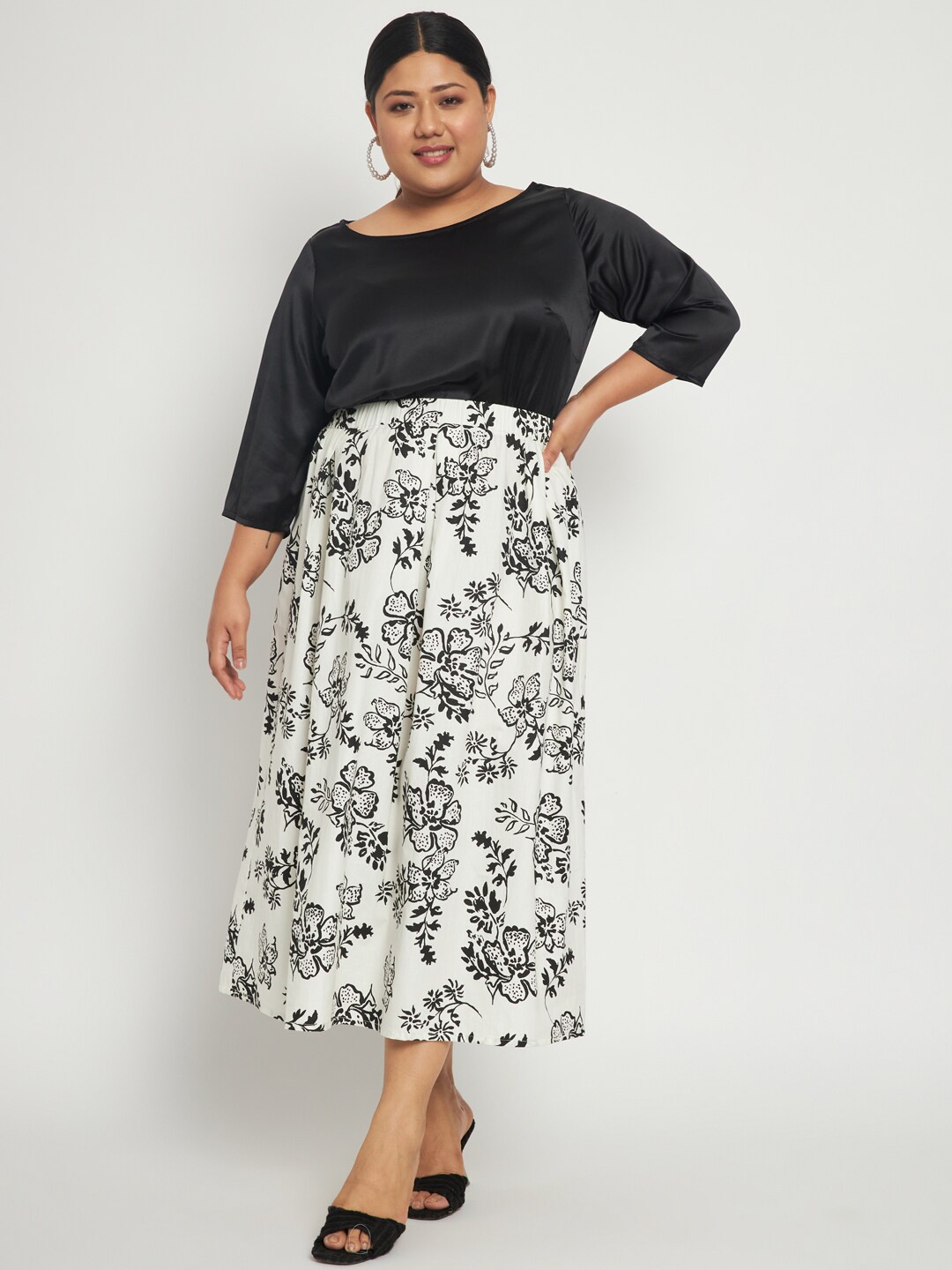 

HERE&NOW Plus Size Floral Printed Satin Fit & Flare Midi Dress, Black