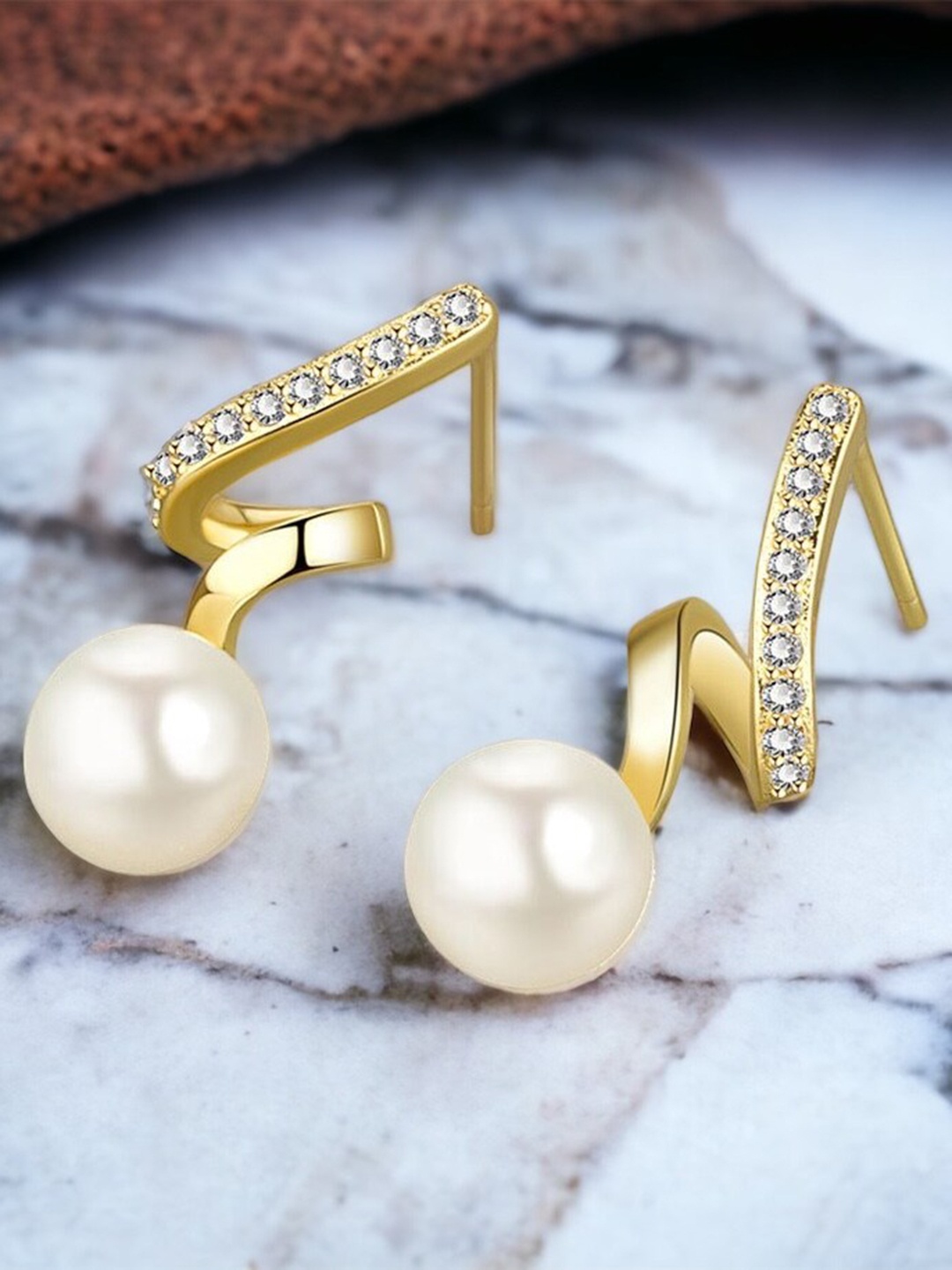 

MYKI Gold-Plated Cubic Zirconia-Studded & Pearl Beaded Classic Drop Earrings