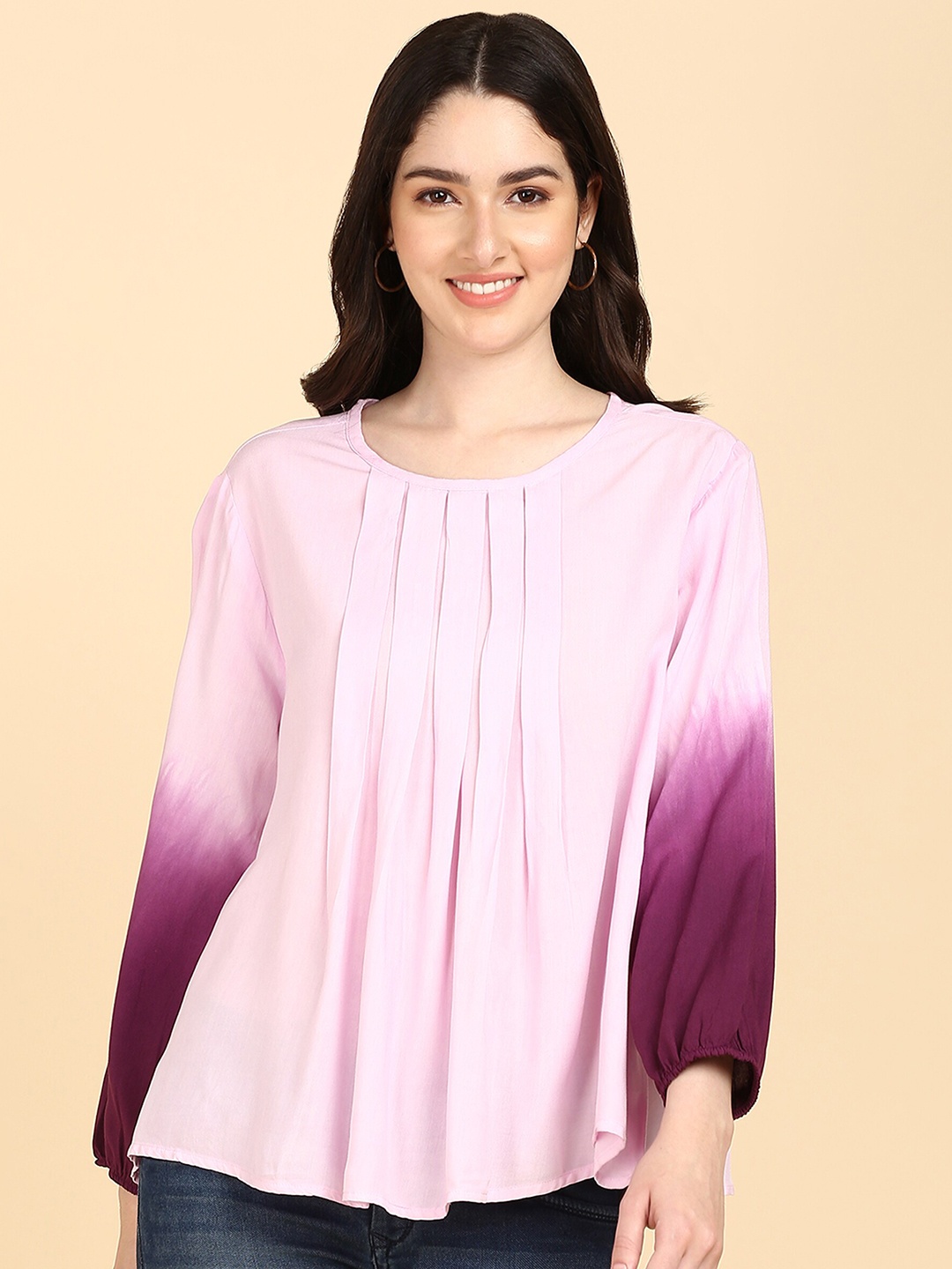 

Maaesa Ombre Tie-Dye Puff Sleeves Pleated Top, Pink