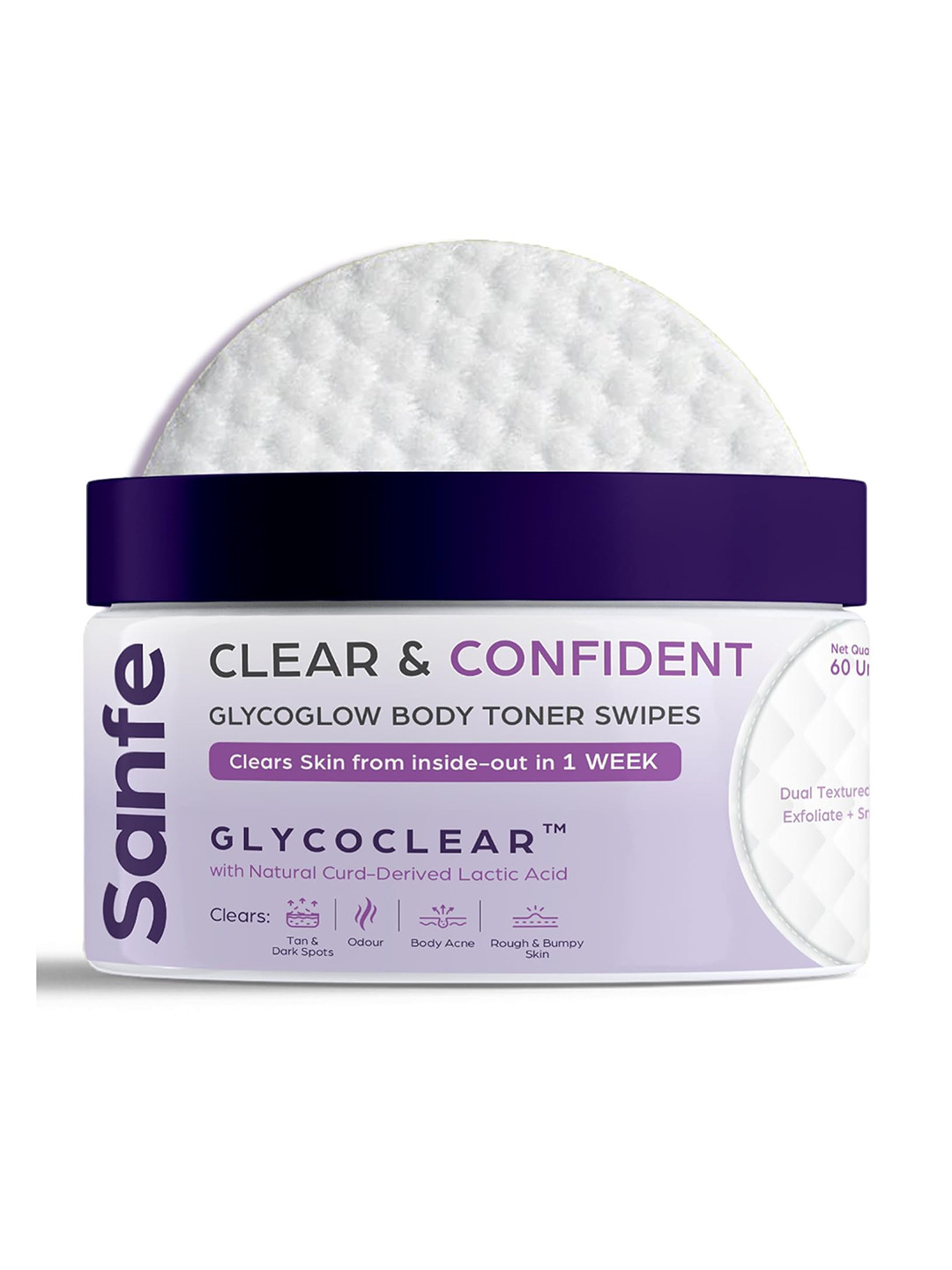 

Sanfe Clear & Confident Glycoglow Body Toner Swipes with Lactic Acid - 60 Pcs, White