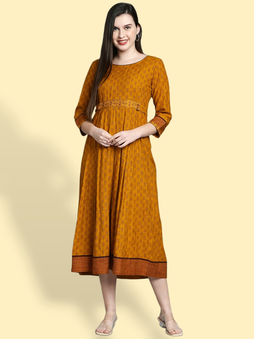 

True Shape Ethnic Motifs Fit& Flare Three-Quarter Sleeves Cotton Dresses, Mustard
