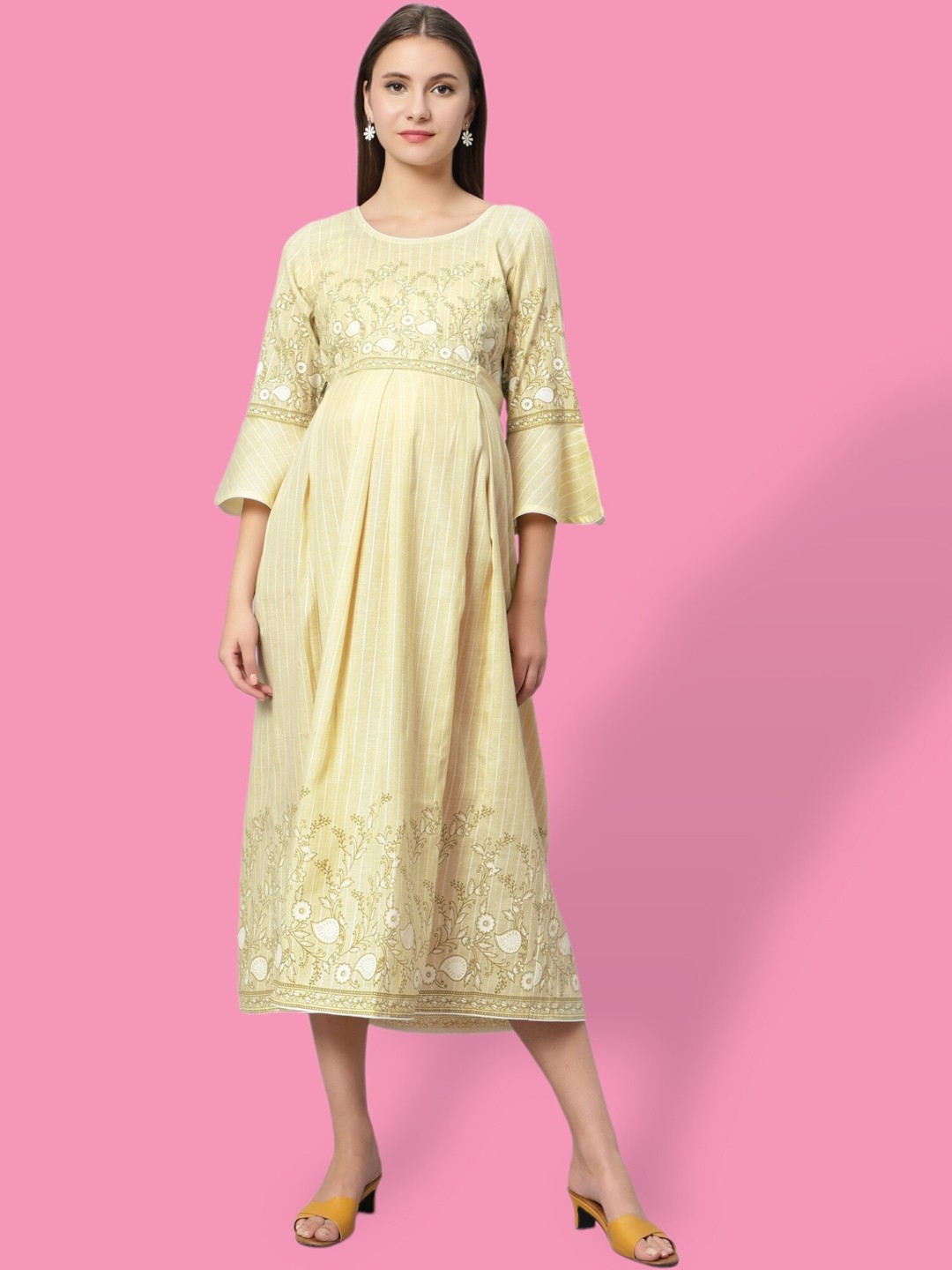 

True Shape Floral Printed Fit& Flare Bell Sleeves Dresses, Yellow
