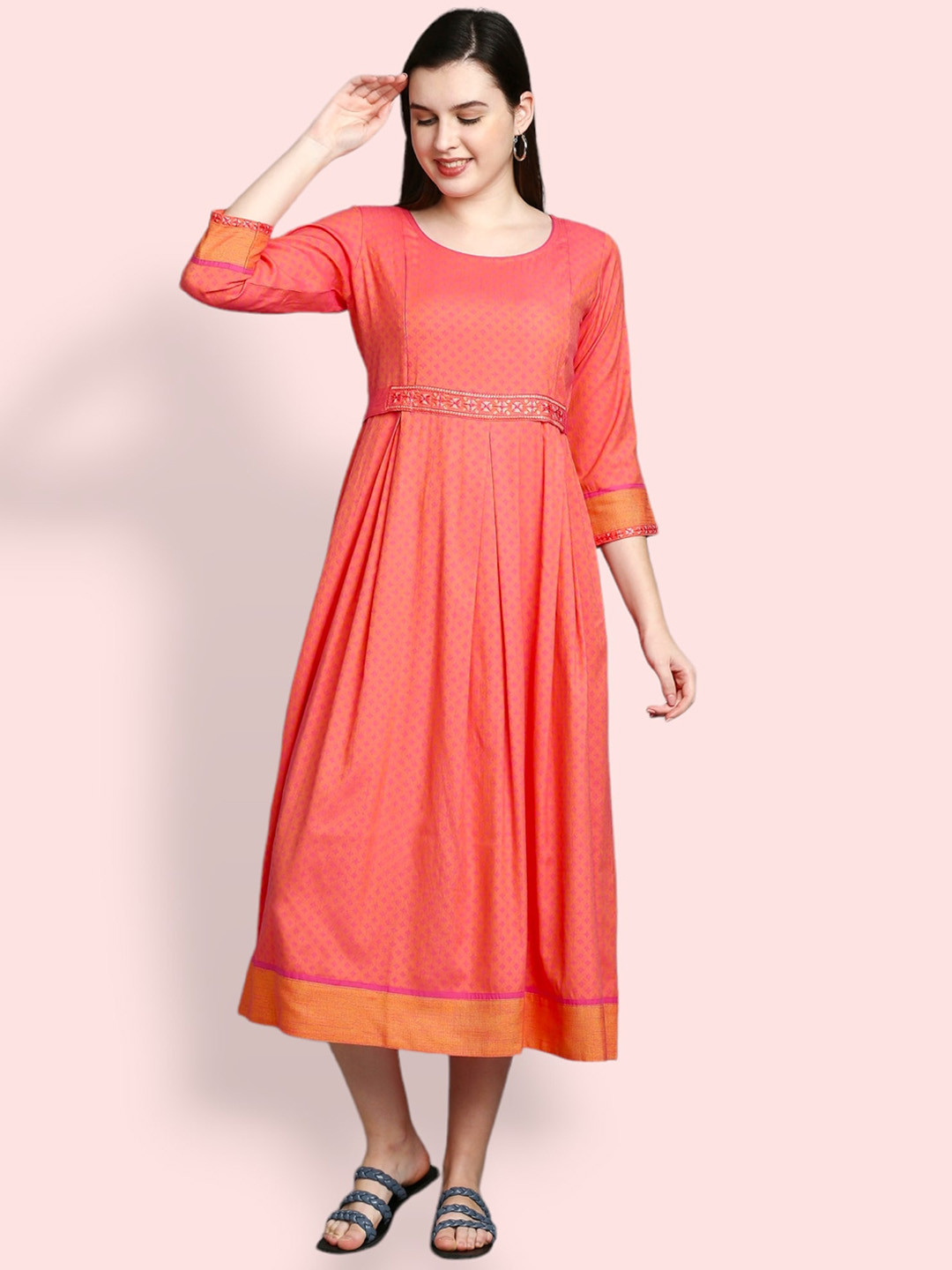 

True Shape Ethnic Motifs Fit & Flare Regular Sleeves Dresses, Coral