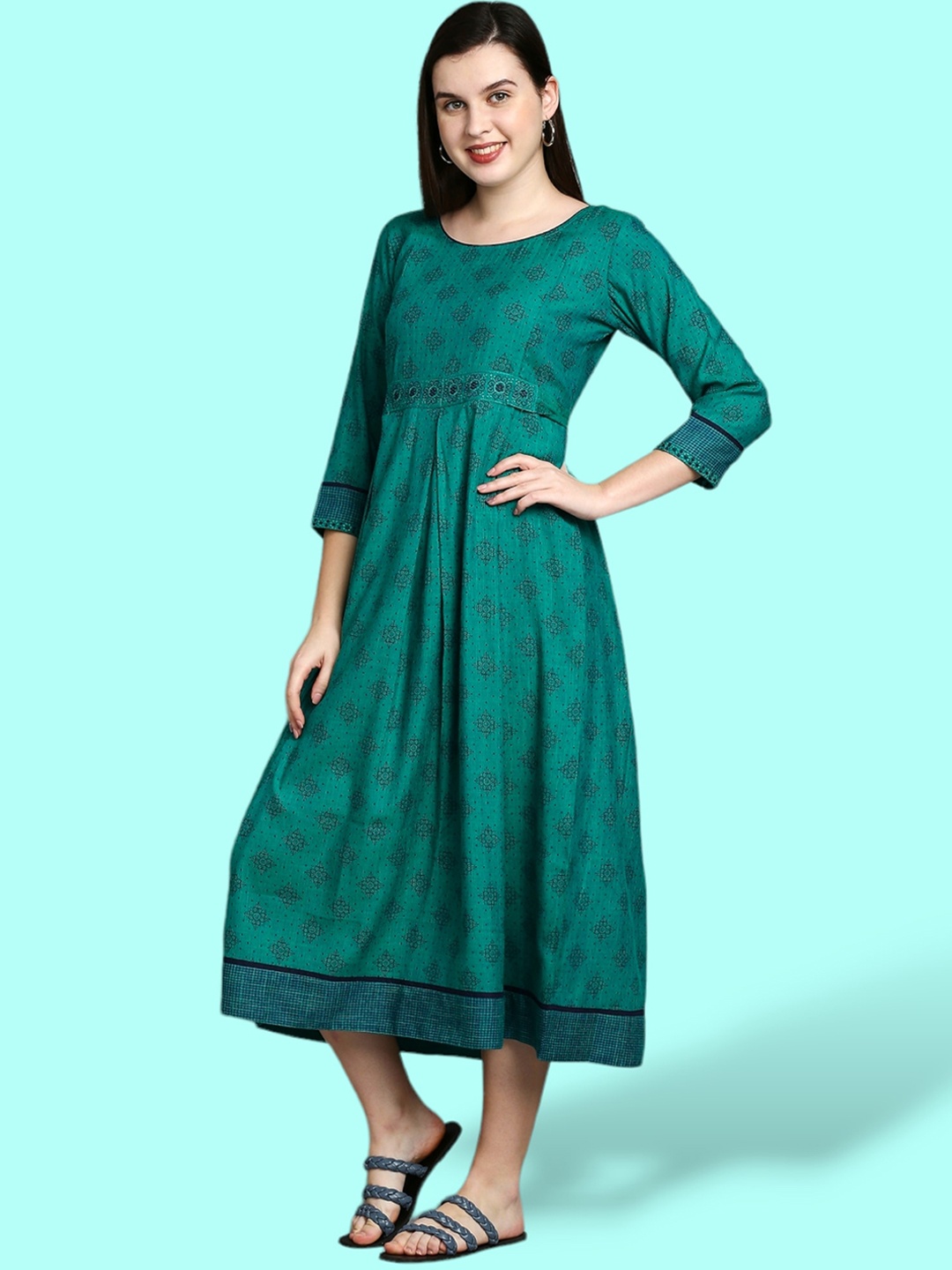 

True Shape Ethnic Motifs Fit & Flare Regular Sleeves Dresses, Teal