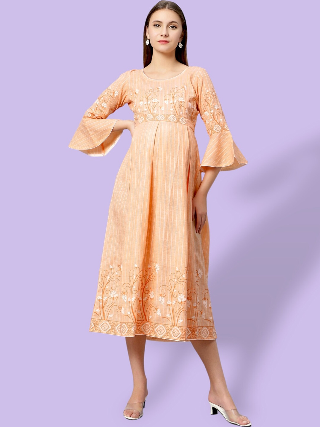 

True Shape Floral Printed Fit& Flare Bell Sleeves Dresses, Orange