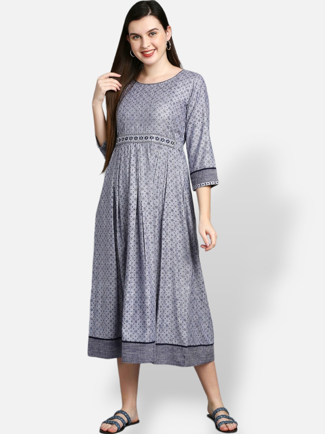 

True Shape Printed Feeding Anarkali Kurta with Nursing Zips in Cotton Blend Fabric, Grey