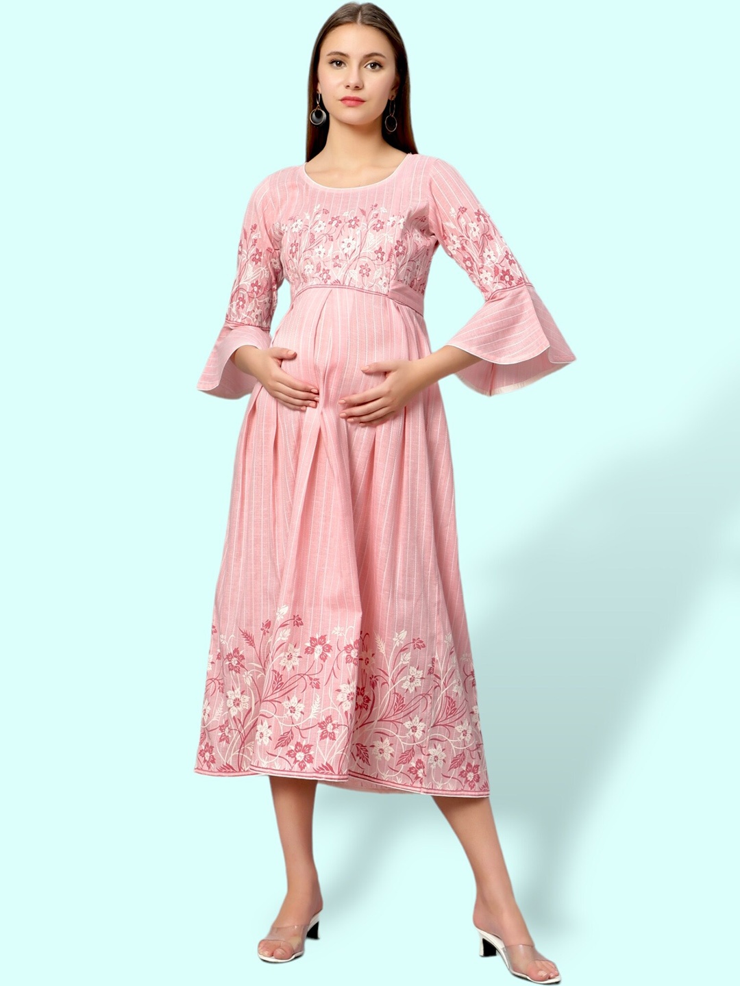 

True Shape Ethnic Motifs Fit& Flare Bell Sleeves Dresses, Pink