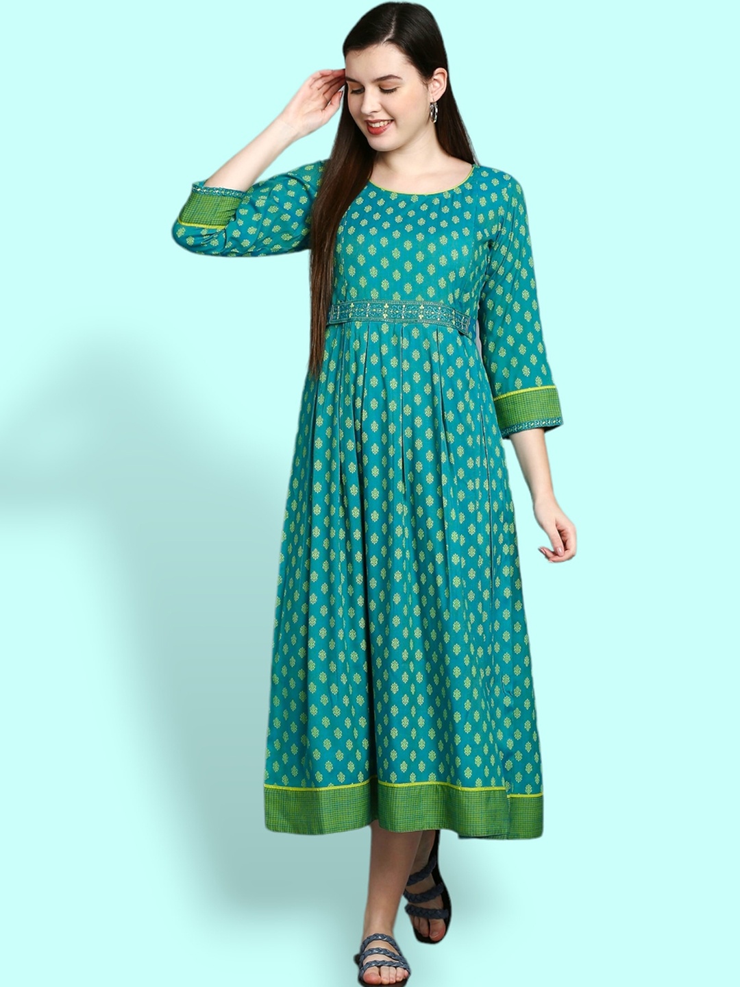 

True Shape Ethnic Motifs Fit & Flare Regular Sleeves Dresses, Turquoise blue