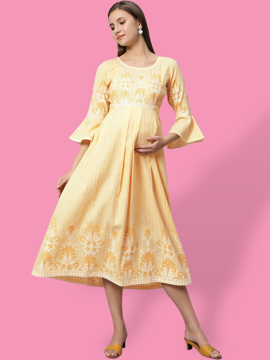 

True Shape Printed Maternity Anarkali Kurta with Feeding Zips in Cotton Blend Fabric, Yellow