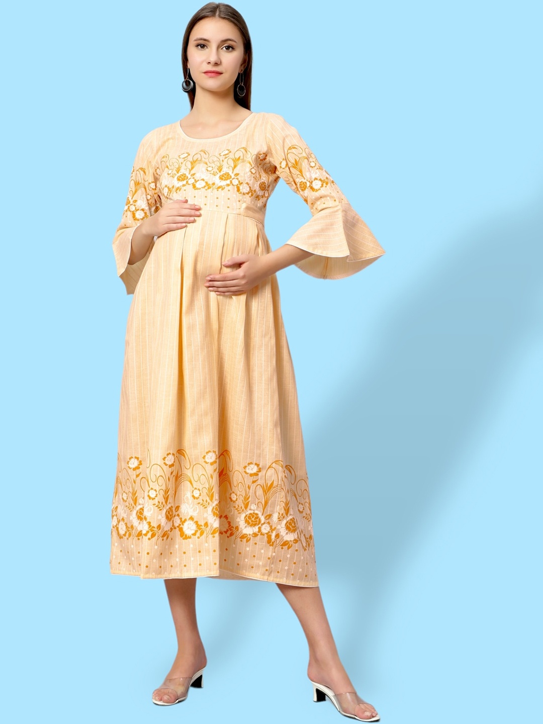 

True Shape Printed Feeding Anarkali Dress with Nursing Zips in Cotton Blend Fabric, Peach