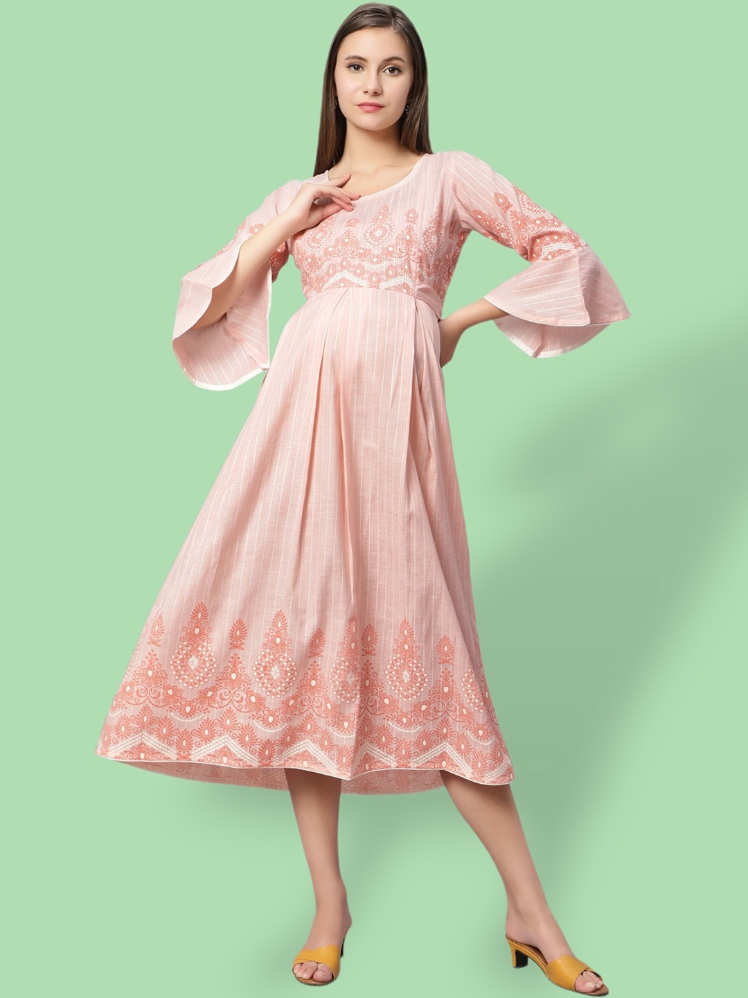 

True Shape Floral Printed Bell Sleeves Maternity Dress, Pink