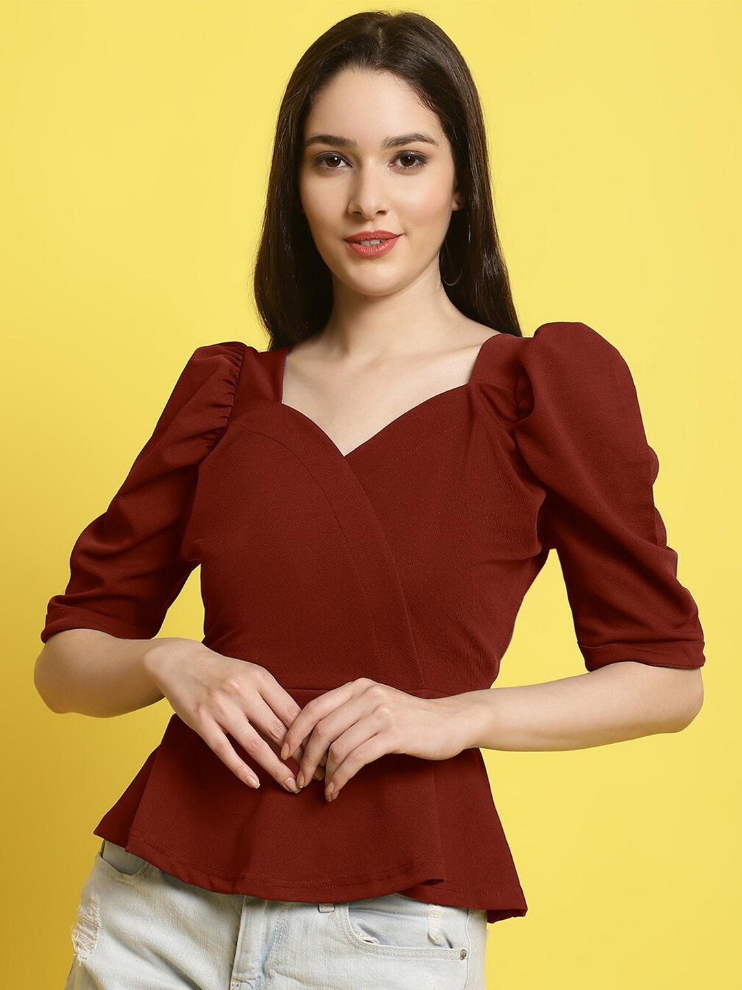 

Fabflee Sweetheart Neck Puff Sleeves Peplum Top, Maroon