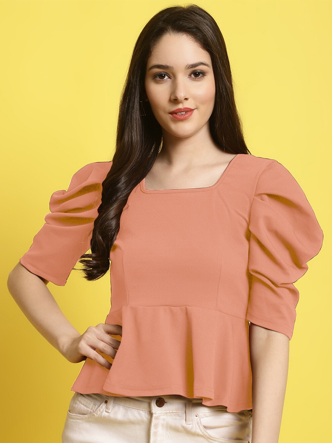 

Fabflee Women Casual Puff Sleeve Square Neck Regular Fit Top, Peach