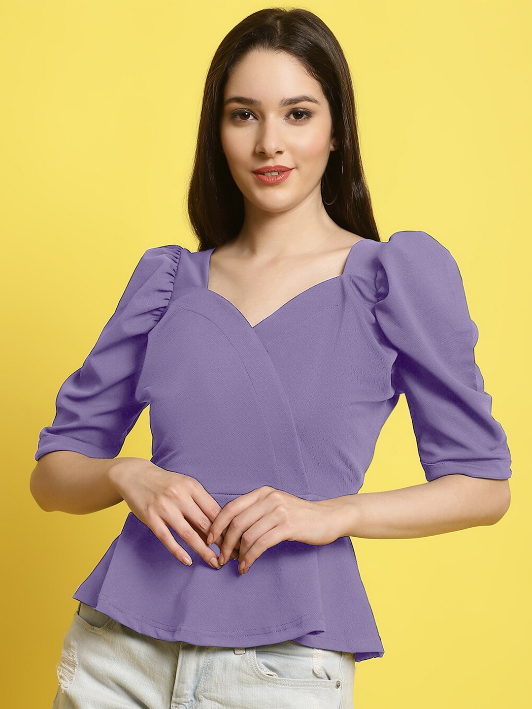 

Fabflee Sweetheart Neck Puff Sleeves Peplum Top, Lavender