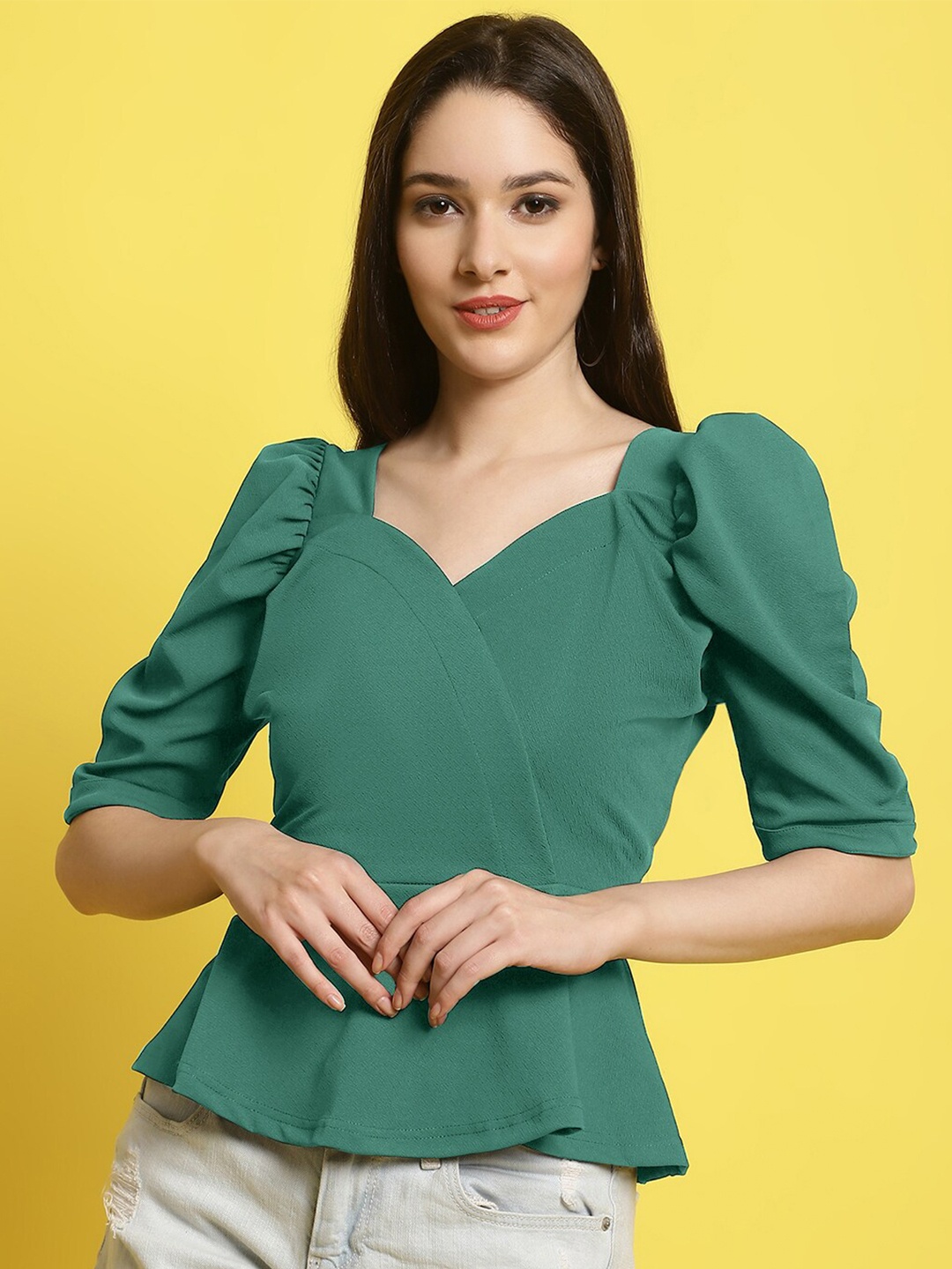 

Fabflee Sweetheart Neck Puff Sleeve Peplum Top, Green