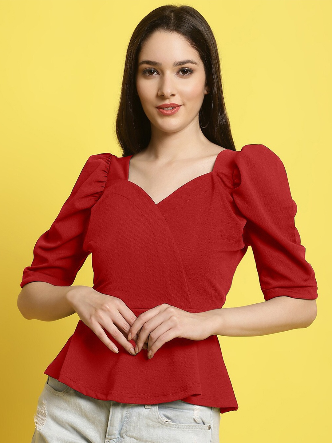 

Fabflee Sweetheart Neck Puff Sleeve Peplum Top, Red